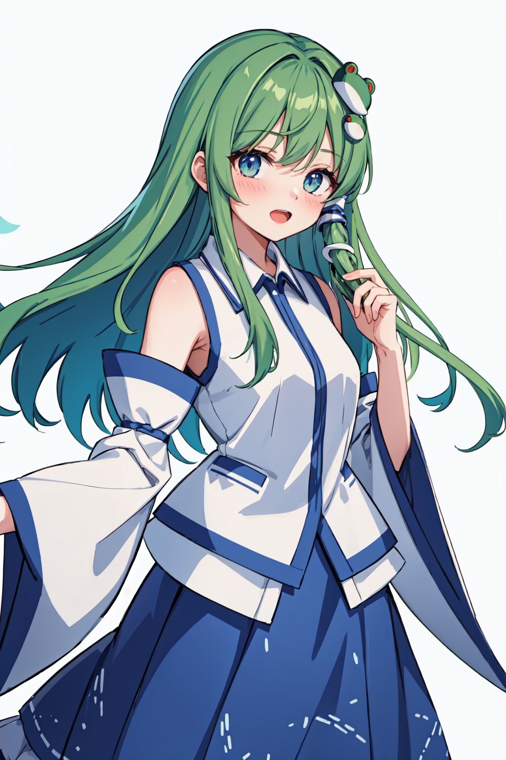 kochiya_sanae,1girl,solo,frog_hair_ornament,snake_hair_ornament,hair_tubes,detached_sleeves,open_mouth,looking_at_viewer,wide_sleeves,blush,white_shirt,blue_skirt<lora:kochiya_sanae:1>,simple background,white backgroundmasterpiece,best quality, highly detailed, 