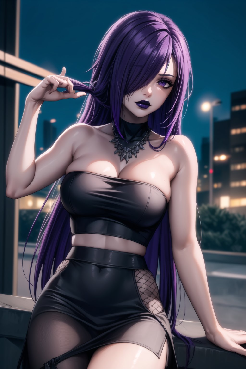 ((best quality)), ((highly detailed)), masterpiece, ((official art)), detailed face, beautiful face, (detailed eyes, deep eyes), seductive posing, (cowboy shot),sumire kakei, purple eyes,, (sexy:1.3), (long straight purple  hair, dark purple  hair, long straight hair, hair covering one eye:1.5), long straight hair:1.3,(makeup, black lips:1.3),(  pale white skin, very white skin, goth, long eyelashes, medium to big breasts, black necklace, black fishnet shirt, black tube top, black fishnet shirt over black tube top, black skirt, city street, nighttime)), intricately detailed, hyperdetailed, blurry background, depth of field, best quality, masterpiece, intricate details, tonemapping, sharp focus, hyper detailed, trending on Artstation, 1 girl, high res, official art<lora:EMS-93-EMS:0.600000>, <lora:EMS-31593-EMS:0.200000>, <lora:EMS-28161-EMS:0.300000>, <lora:EMS-401523-EMS:0.800000>, <lora:EMS-60783-EMS:0.600000>