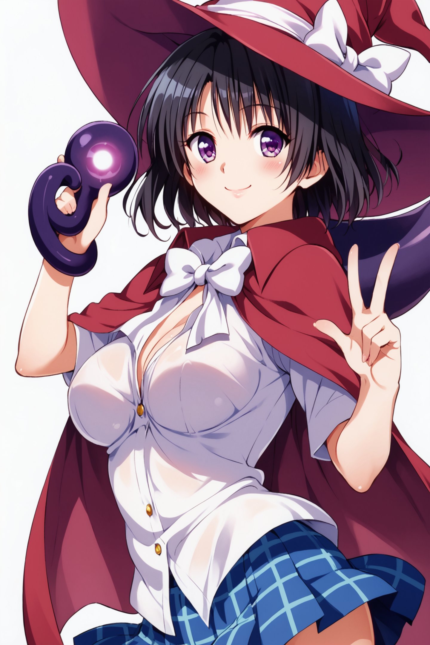 Kirizaki Kyoko,1girl,solo,red hat,black hair,skirt,blue skirt,purple eyes,witch hat,red cape,smile,looking at viewer,short hair,white background,simple background,pleated skirt,v,white bow,blush,breasts,plaid skirt,plaid,white shirt,cowboy shot,score_9,score_8_up,<lora:Yabuki Kentarou_XL_PONY_V2:0.8>,