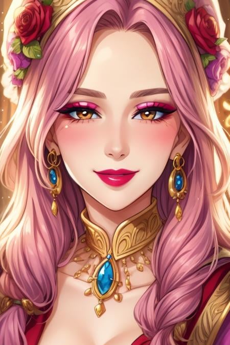 beautiful detailed portrait, beautiful mature wizard woman, beautiful detailed face, makeup, lipstick, charming smile, blushing, best quality, extemely detailed