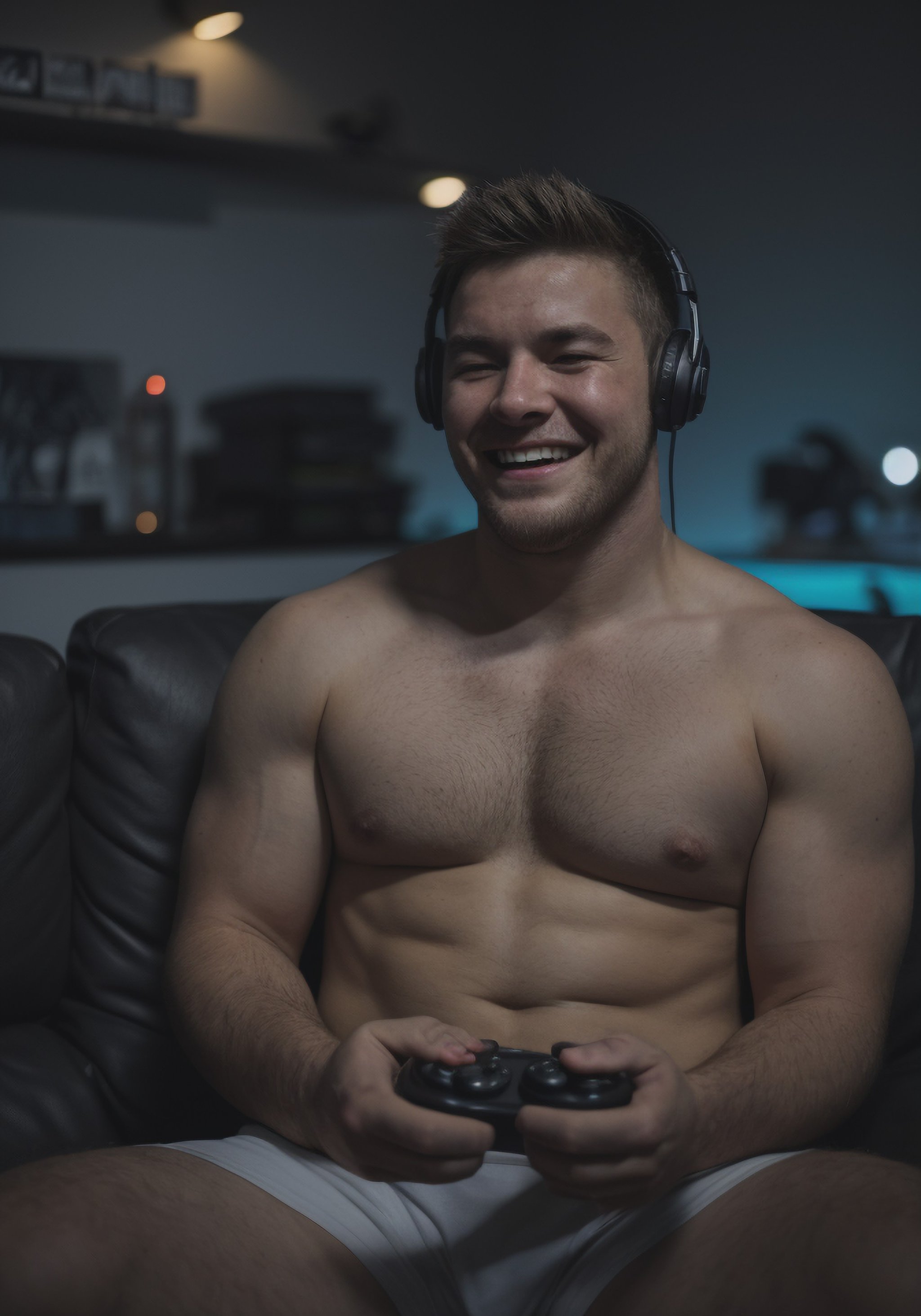 realistic, cinematic, malefocus1boy, chubbymusclecub, sitting on sofa, shirtless, wearing white boxer shorts, playing games, holding controller, headset, screaming, smiling, winning, large bulge, bokeh, depth of field, artistic, (gaymer)