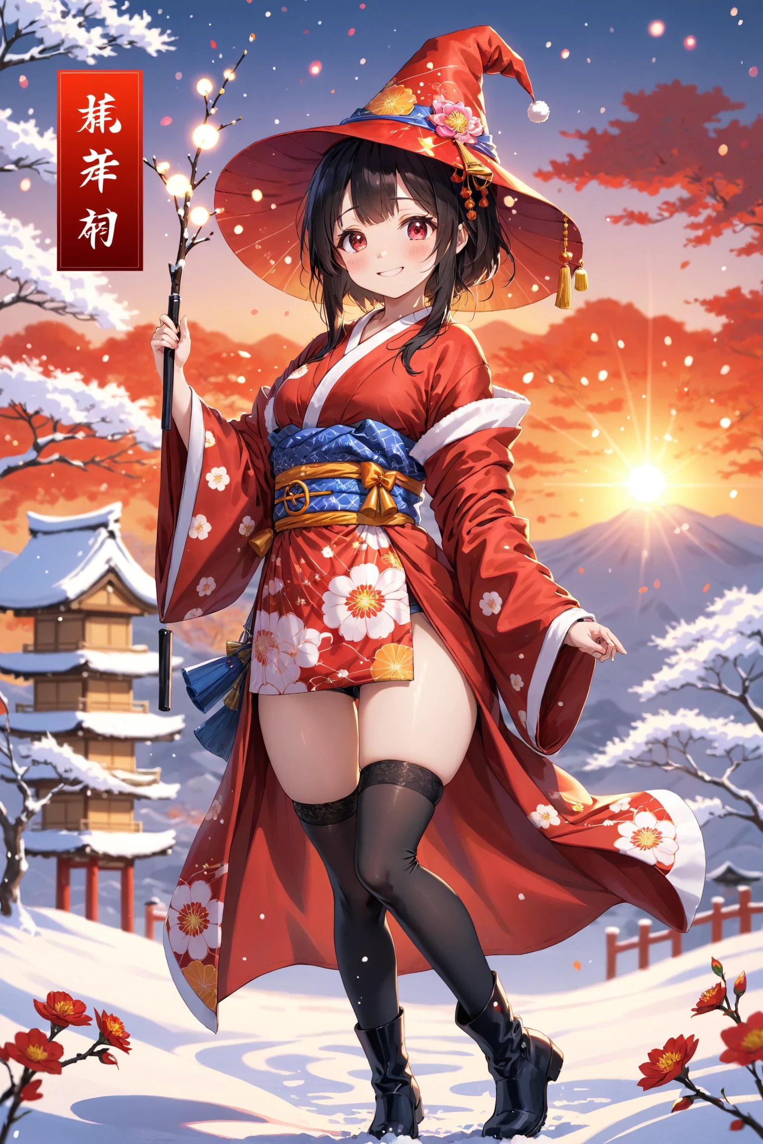 Japanese ink painting, cute girl, wizard hat, kimono robe, thigh-highs, boots, happy, dynamic pose, "HAPPY NEW YEAR!", 2024, landscape, sunrise, winter, red tone color, bloom effect, ambient occlusion, Bokeh, depth of field