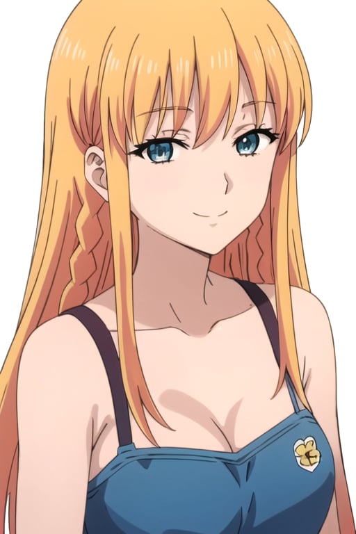 solo, 1girl, looking at viewer, 2D, anime, anime coloring, upper body, (simple background, solid white background:1.3), <lora:sayo-iwakakeru:0.8>, sayo yotsuba, cleavage, bare shoulders, smile