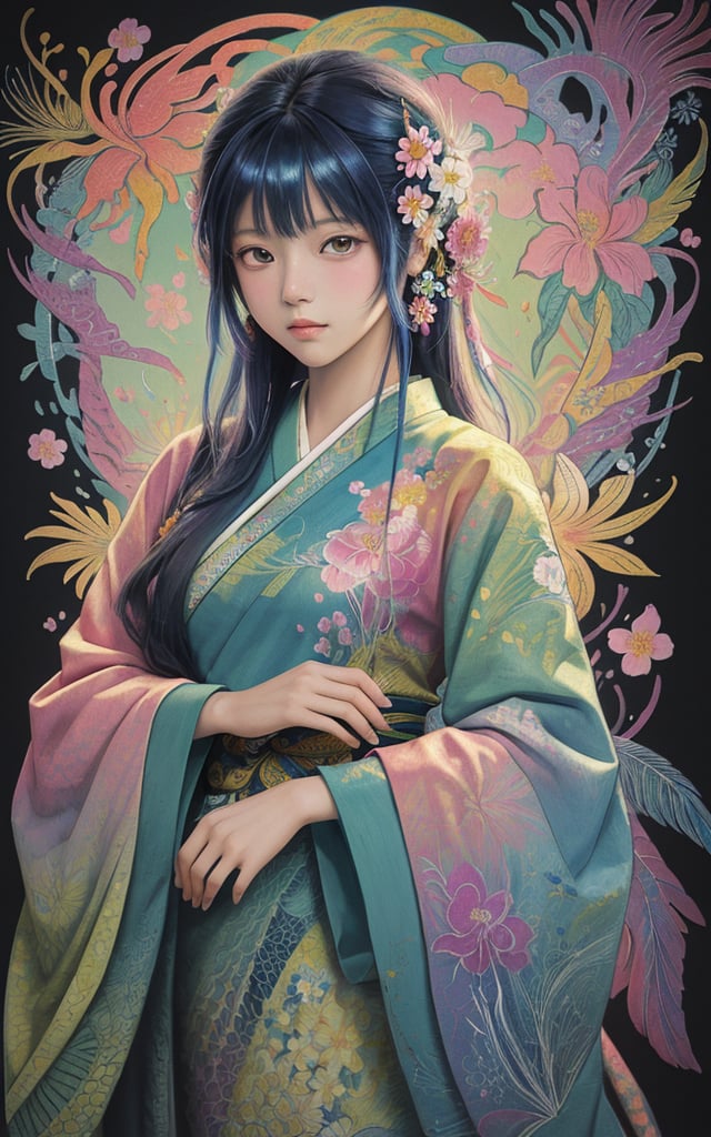 Zen painting illustration,anime art style,masterpiece,top quality,best quality,official art,beautiful and aesthetic,(1girl:1.2),extremely detailed,colorful,flowers,highest detailed,zentangle,abstract background,shiny skin,many colors,feathers,