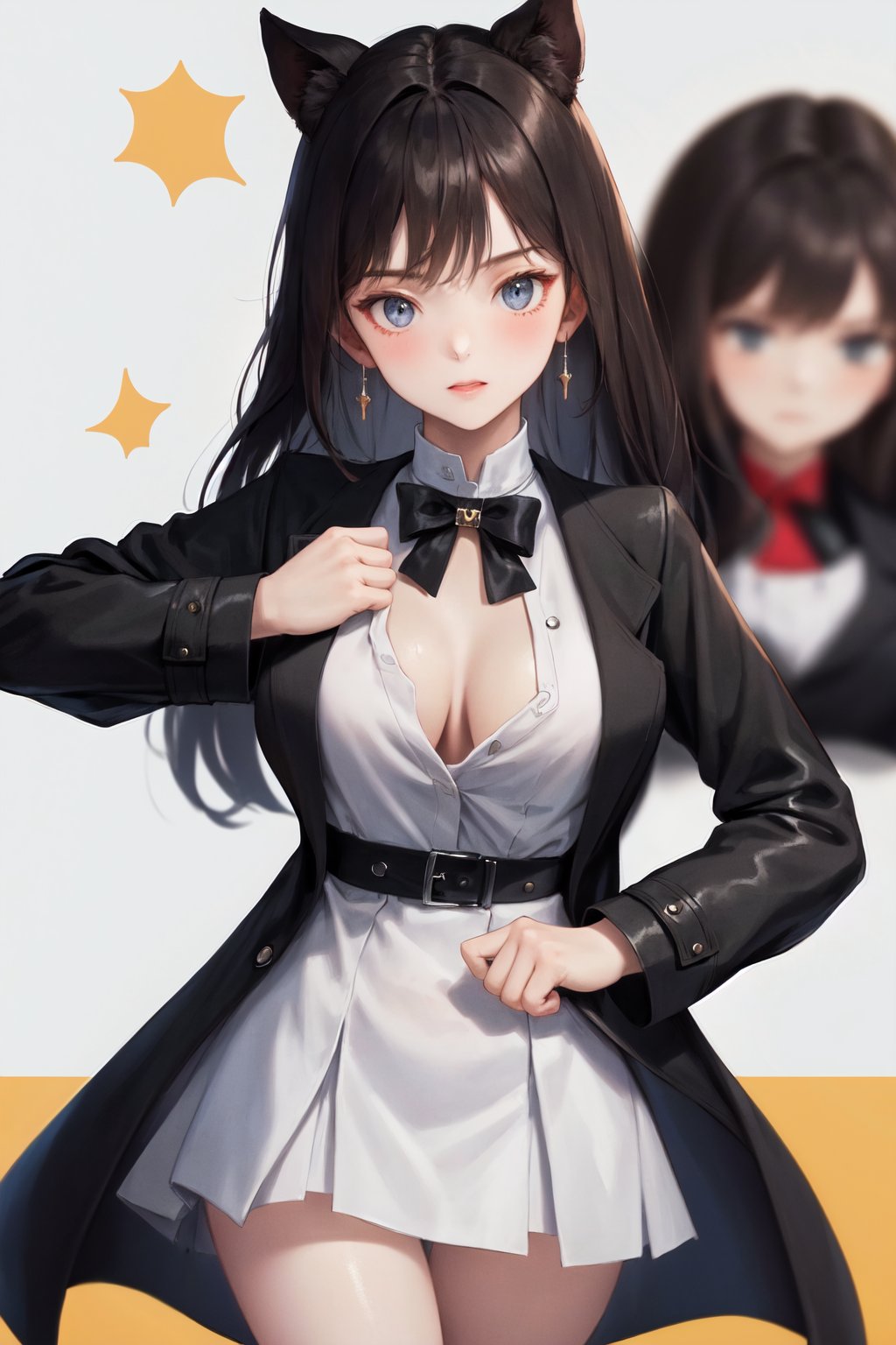 masterpiece, best quality, highres, 1girl black coat white shirt open coat<lora:giorno_giovanna_jojo_pose_d32_pruned:1>