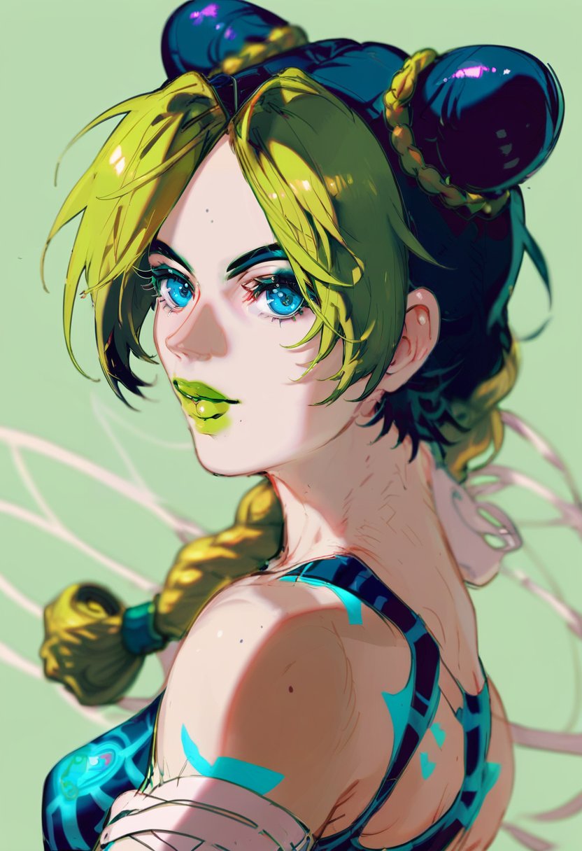 score_9, score_8_up, score_7_up, score_6_up, <lora:REDUMXL_P6_lokr_V53P1:0.95>   1girl, kujo jolyne, solo, hair bun, double bun, green lips, multicolored hair, braid, green hair, spider web print, two-tone hair, black hair, blue eyes, joestar birthmark, green background, looking at viewer, upper body, bandages, makeup, braided ponytail, blonde hair, simple background, birthmark, lipstick, tattoo, bare shoulders, breasts