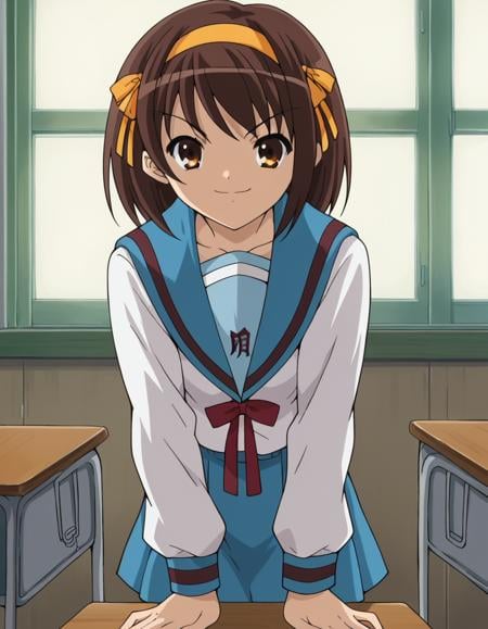 score_9, score_8_up, score_7_up, source_anime,haruhisuzumiya,  <lora:haruhi-suzumiya-s1-ponyxl-lora-nochekaiser:1>,haruhi suzumiya, short hair, brown hair, brown eyes, hairband, medium hair, ribbon, hair ribbon,skirt, long sleeves, school uniform, serafuku, sailor collar, blue skirt, blue sailor collar, winter uniform, kita high school uniform,indoors, classroom, bent over, smile,looking at viewer, cowboy shot, solo,