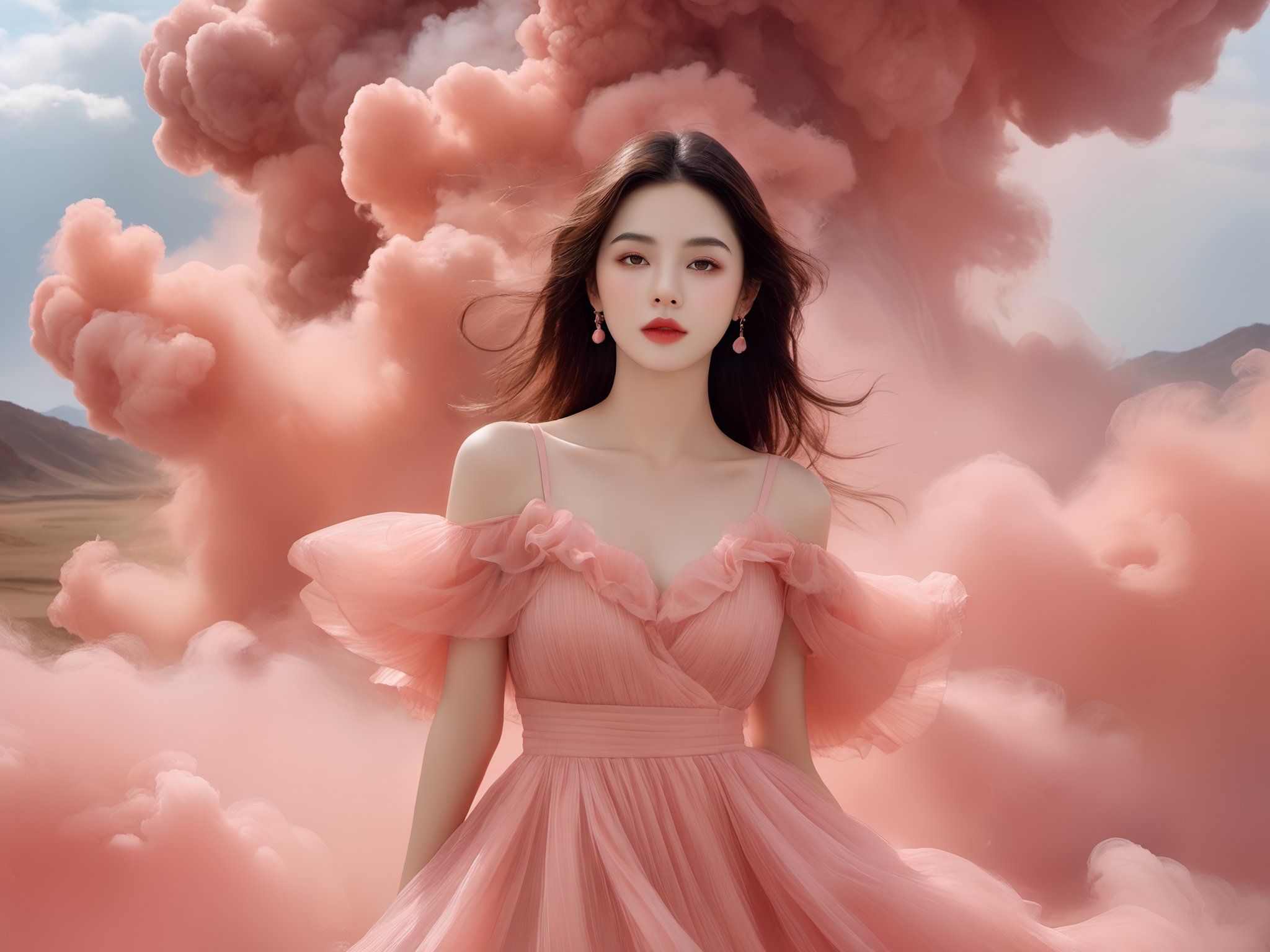 photorealistic,realistic,photography,masterpiece,best quality,ultra-detailed,extremely detailed CG unity 8k wallpaper,a beautiful girl, close mouth, red lips, beautifull face, full body shot, wearing dress, any pink smoke,cloud,pink dress, over view, <lora:JAY PINK CLOUD DRESS XL:0.8>, (best quality:1.3)