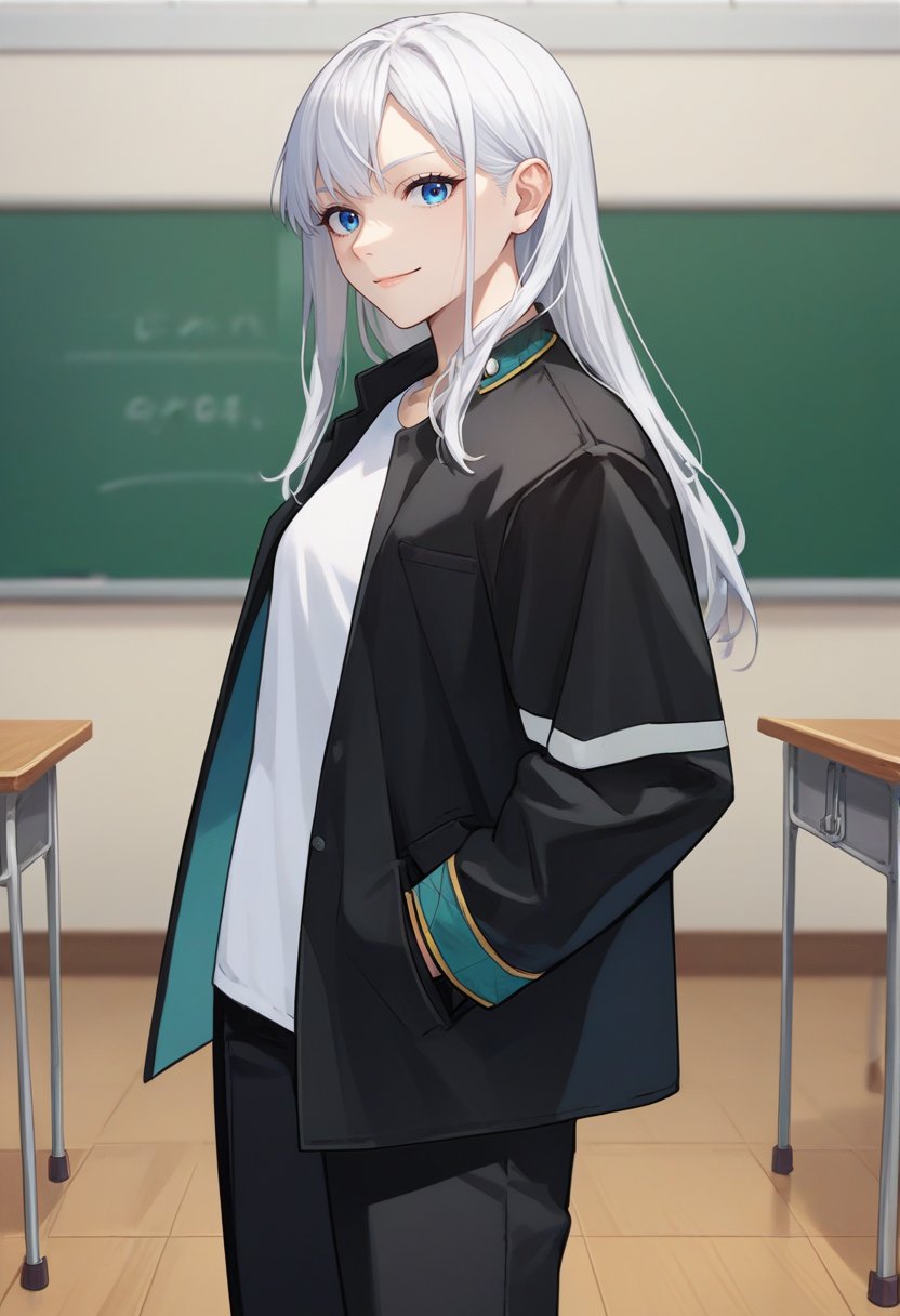 score_9, score_8_up, score_7_up, source_anime, solo, 1girl, smile, looking at viewer, hands in pockets, long hair, white hair, blue eyes, furinuniform, black jacket, open jacket, long sleeves, white shirt, black pants, indoors, classroom <lora:attire_furinhighuniform_ponyXL:1>