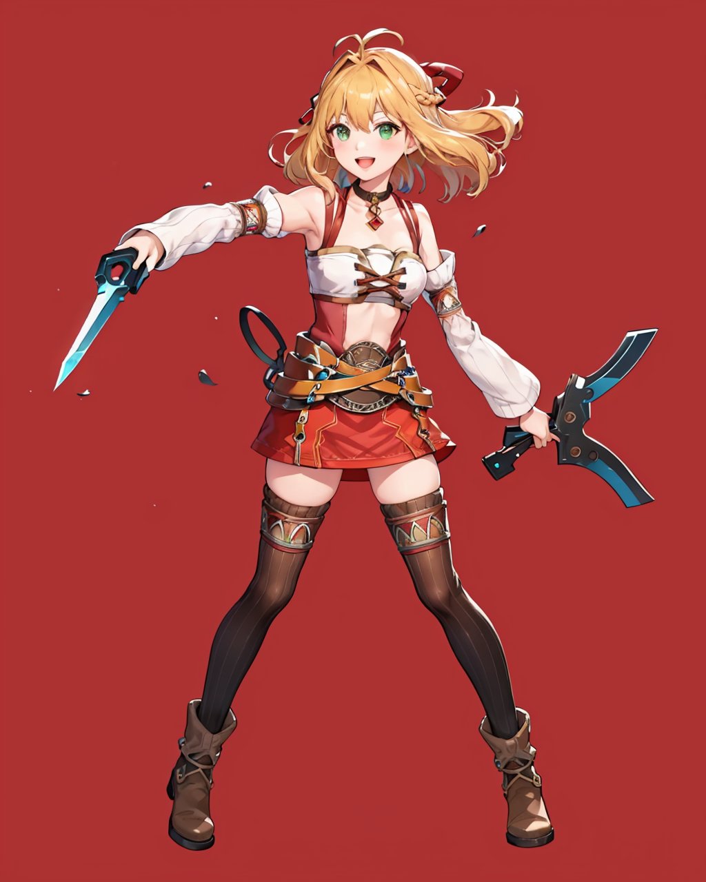 masterpiece,best quality, highly detailed, fiora (xenoblade),1girl, solo, thighhighs, detached sleeves, dual wielding, boots, smile, breasts, full body, red background, open mouth, choker, dagger, french braid, belt, miniskirt,<lora:fiora_(xenoblade):1>