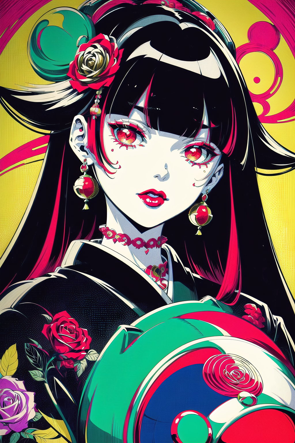 (Masterpiece), (highres), 8k, manga, digital illustration, 2d, retro artstyle, monochrome, partially colored,(ultra-detailed portrait of a woman,solo, shaded face, red rose, red theme, confident, jewelry, colorful, frill trim, extremely detailed, detailed face, lipstick, straight hair, bangs,stylish, expressive, blush, looking to the side, head tilt, cowboy shot, fully clothed, (8k resolution),post00d,Hajime_Saitou,,quju,Oiran,sugar_rune,sweetscape,hirom1tsu<lora:EMS-91280-EMS:0.400000>, <lora:EMS-269853-EMS:0.000000>, <lora:EMS-352161-EMS:1.200000>
