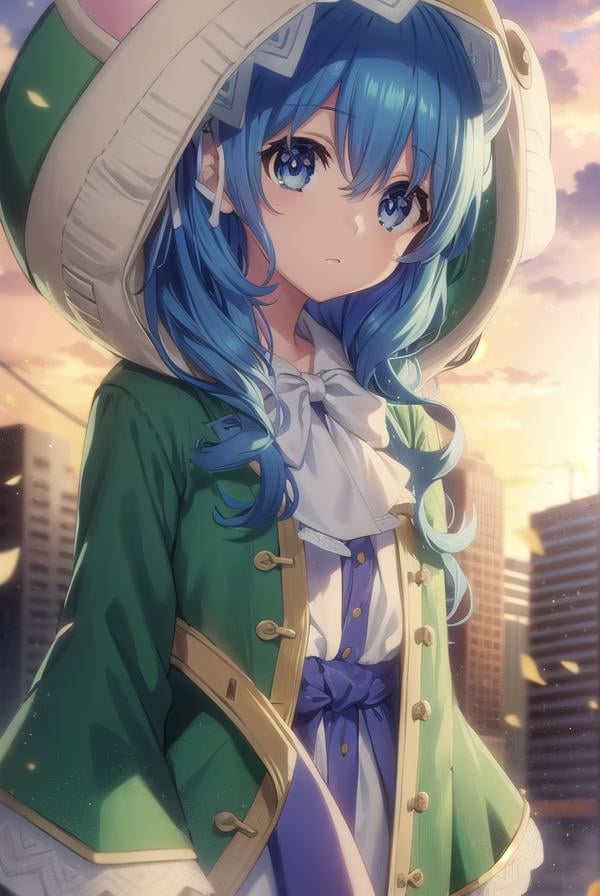 dalyoshino, <lora:dal yoshino s2-lora-nochekaiser:1>,yoshino astral dress, long hair, blue eyes, ribbon, animal ears, hair between eyes, blue hair, hood, rabbit ears, coat, hood up, animal hood, rabbit hood, green coat,BREAK ,BREAK outdoors, city, sky, clouds, buildings, sun,BREAK looking at viewer, (cowboy shot:1.5),BREAK <lyco:GoodHands-beta2:1>, (masterpiece:1.2), best quality, high resolution, unity 8k wallpaper, (illustration:0.8), (beautiful detailed eyes:1.6), extremely detailed face, perfect lighting, extremely detailed CG, (perfect hands, perfect anatomy),