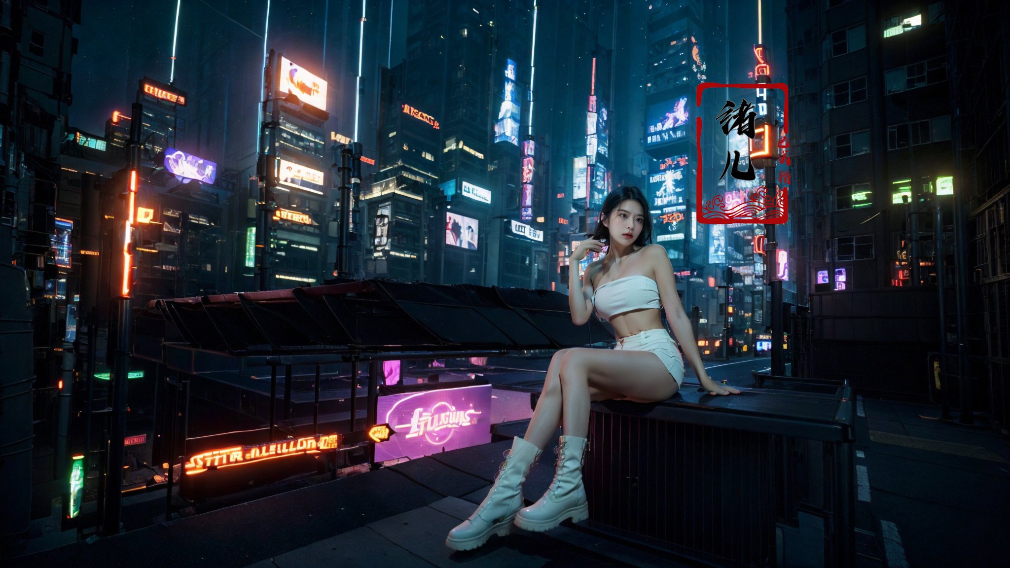 blurry, blurry_background, blurry_foreground, depth_of_field, motion_blur,1girl, cyberpunk, solo, science fiction, city, neon lights, sitting, night, building, strapless, breasts, hologram, skyscraper, boots, long hair, cityscape, thighhighs, sky, black hair, scenery, white footwear， (glow, light pollution:1.5)，(solo focus:1.7)，<lora:science cyber_20231207100647:0.8>