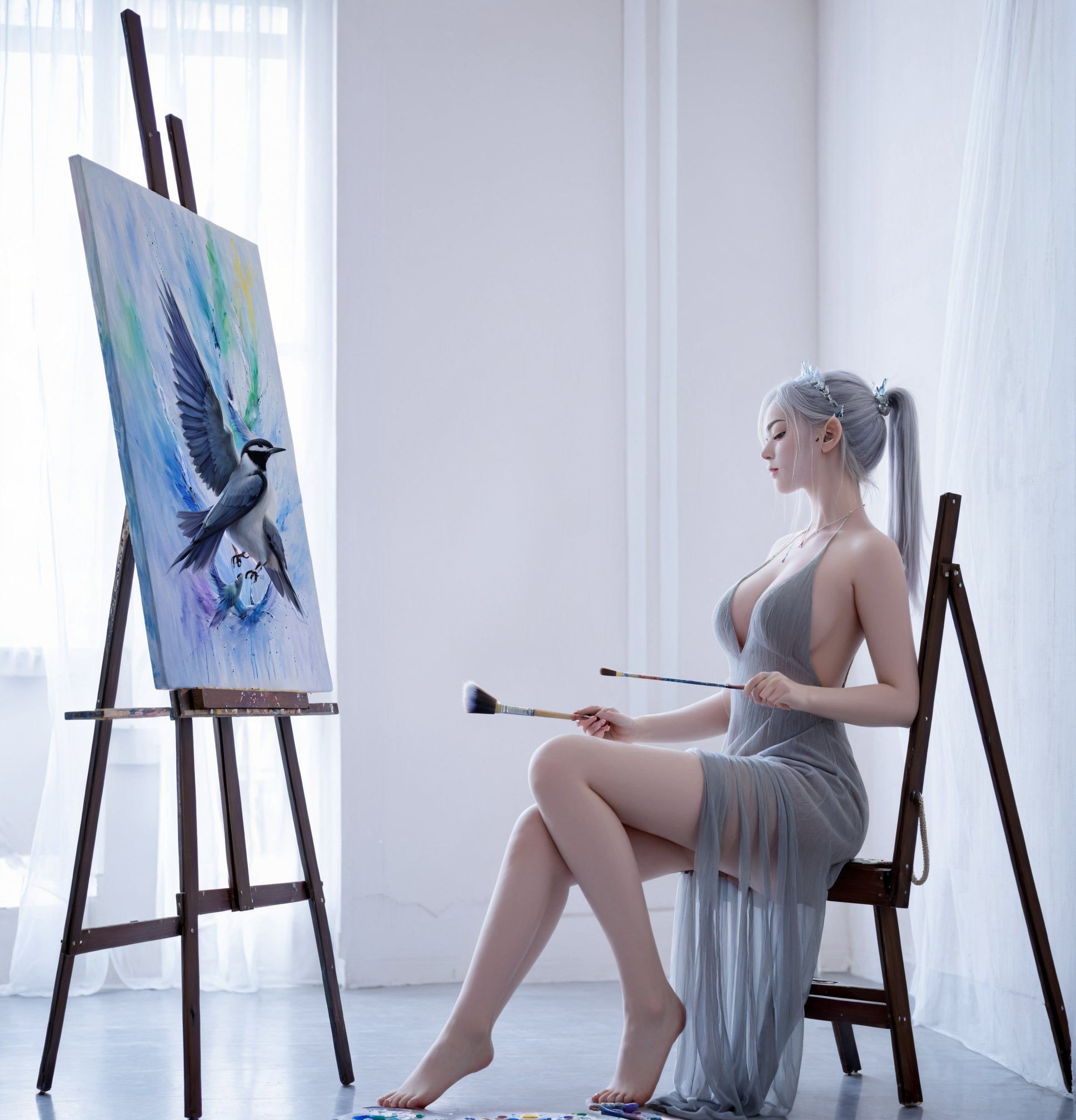 fairy,noble,elegant,beautiful,1girl,bird,sitting,canvas \(object\),palette \(object\),solo,dress,paintbrush,barefoot,painting \(action\),ponytail,breasts,realistic,jewelry,white hair,closed eyes,holding,painting \(object\),necklace,pointy ears,easel,indoors,profile,<lora:jingling-0000010:0.6>,