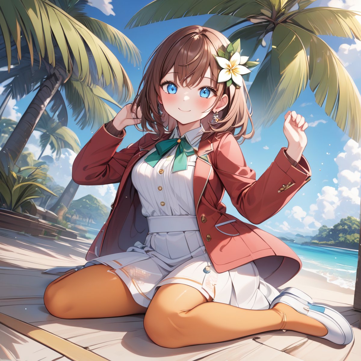 Hana_Macchia, brown hair, hair ornament, white flower, blue eyes, hair flower, green ribbon, white skirt, red jacket, orange tights, medium hair, smile, small breasts,Tropical Island, looking at viewer, wariza<lora:EMS-373524-EMS:0.800000>, <lora:EMS-345009-EMS:0.500000>