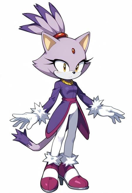 score_9, score_8, score_7,sonic \(series\), blaze the cat, 1girl, solo, gloves, animal ears, forehead jewel, furry female, cat ears, purple coat, high heels, furry, simple background, fur trim, white gloves, purple hair, white background, yellow eyes, fur-trimmed footwear, topknot, cat girl, full body, tail, cat tail, coat, standing, closed mouth, hair tie, shoes, fur-trimmed gloves, animal nose, long sleeves,white leggings