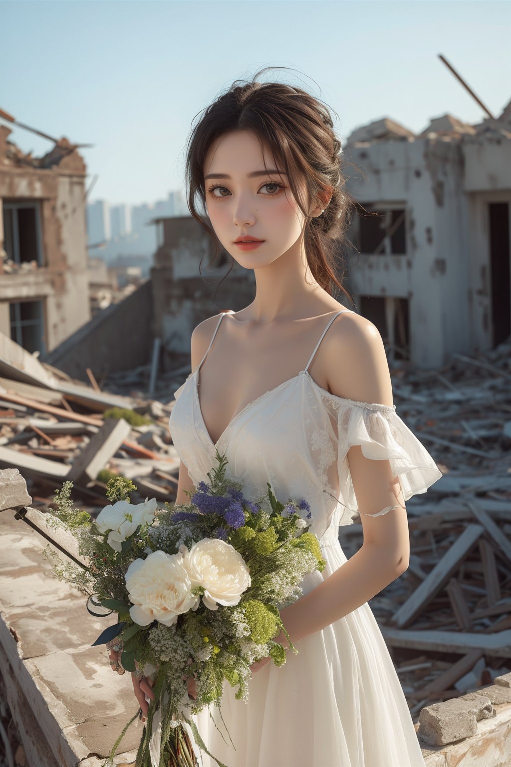 1girl,white dress,bouquet,rubble_ruins,<lora:麻袋2024-008:0.6>,portrait,, masterpiece,best quality,ultra-detailed,