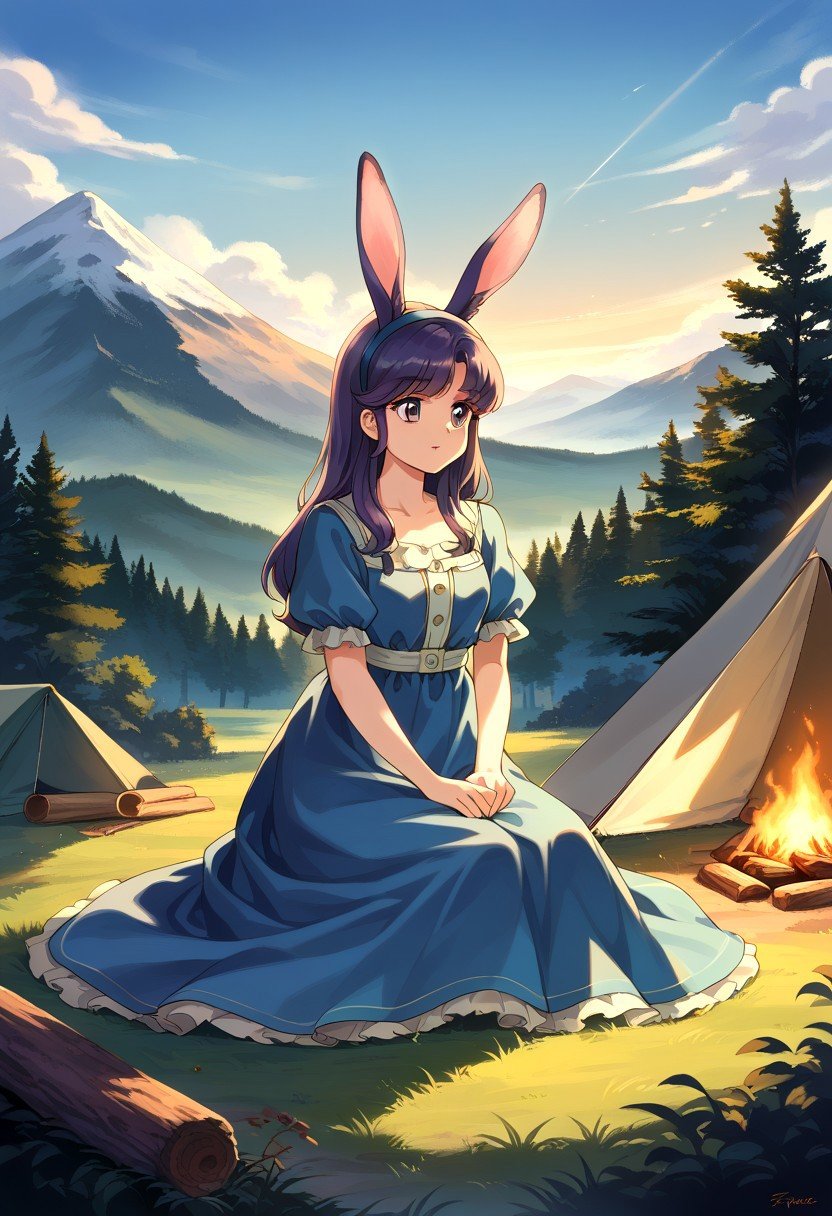 score_9, score_8_up, score_7_up,source_anime, charming woman, vintage outfit, retro camping, campfire, patting playful rabbit, sitting on grass, tent, lots of trees, cheerful expression. midnight, low light, dappled moonlight, mountainous horizon, soft lighting, muted colors, high contrast, nostalgic, whimsical, detailed, high-definition, elegant, classic, serene atmosphere, intricate details, cinematic