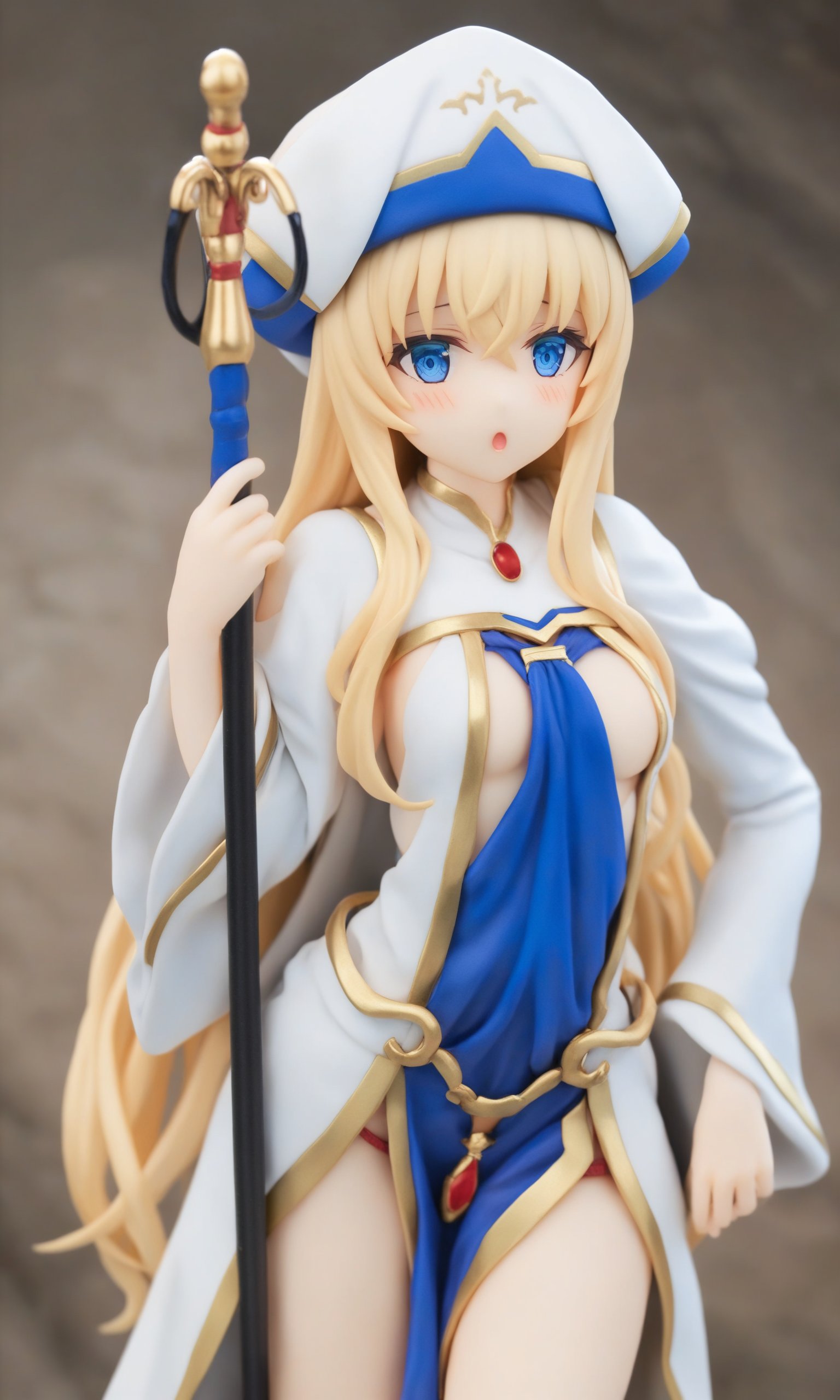 figure,masterpiece,best quality,lls,hat,<lora:priestess_(goblin_slayer!):1>,arm_behind_back,commentary,cowboy_shot,dress,1girl,solo,multicolored_headwear,priestess_\(goblin_slayer!\),blush,highres,:o,holding_weapon,absurdres,long_sleeves,looking_at_viewer,wide_sleeves,staff,hat,