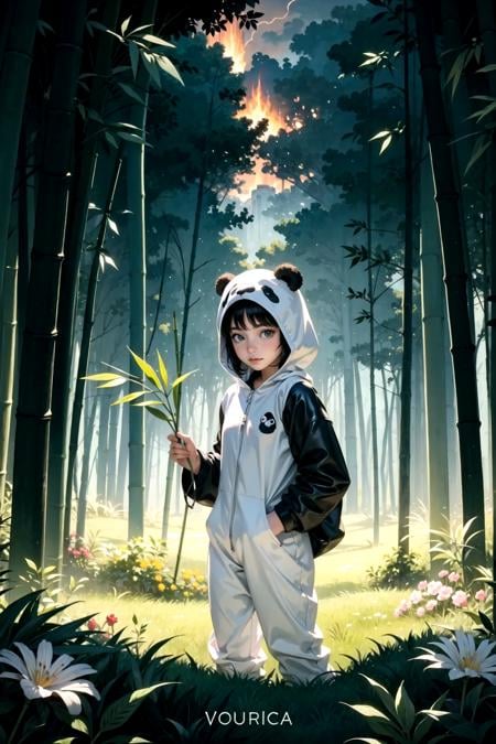 1girl, a beautiful bamboo forest fire with golden clouds and flowers. Volumetric light, moody colors, cinematic composition, movie concept art, vertical perspective, intense, cinematic lighting, intricate, elegant, panda ears, panda onesie, panda kigurumi,