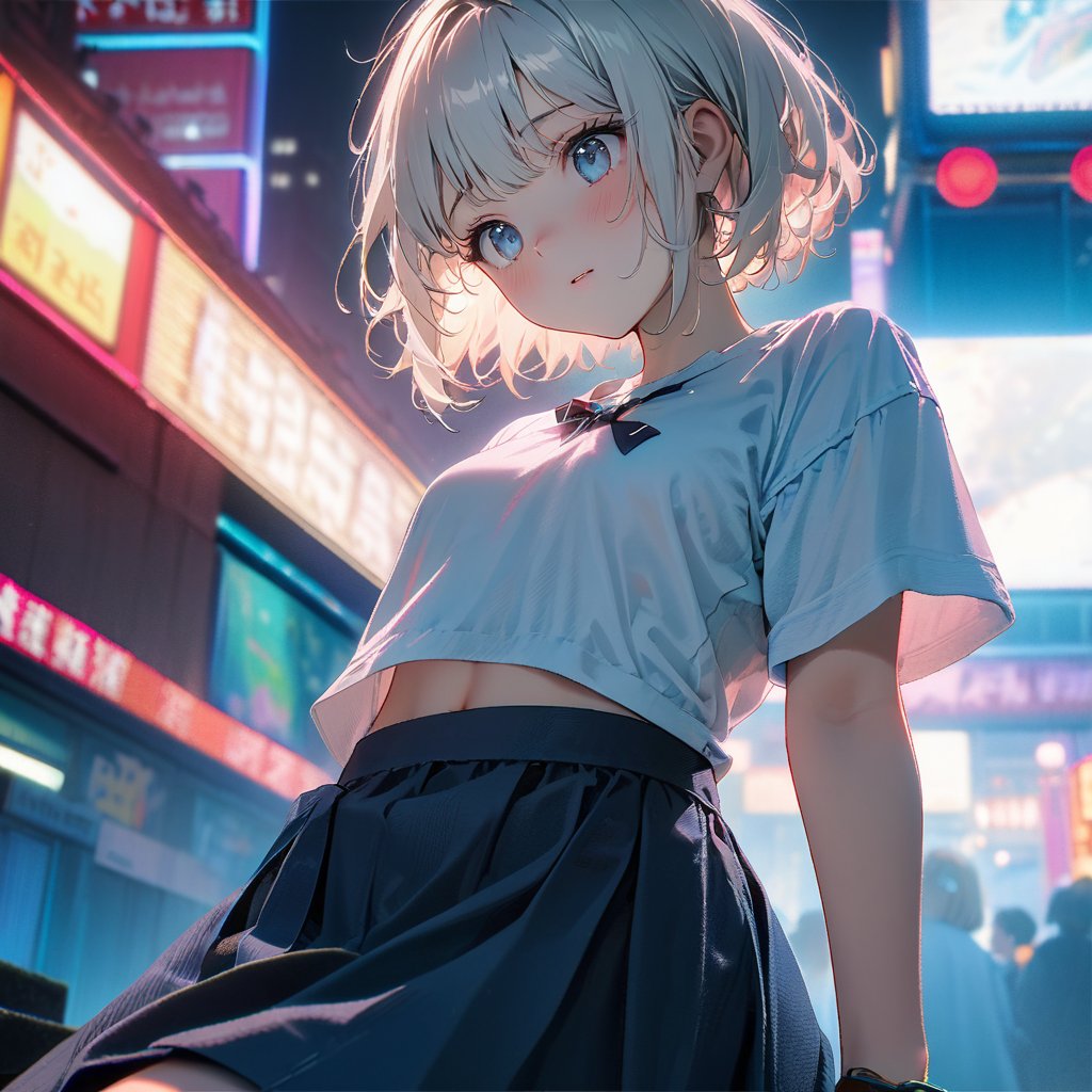 (8K, Original Photo, Masterpiece: 1.3), (Actual, photo-Actual: 1.37), (Night), (Watching Audience: 1.331), (White Hair), Posing, Tokyo Street, Night cityscape, Cyberpunk City, Soft Light, 1 Girl, Extremely Beautiful Face, Broken, Put Down, Random hair Style, Random Expression, Big Eyes, lower abdomen, (short sleeve. jiekang_shirt), jiekang_style, (dark blue jiekang_skirt), (bow jiekang_tie), mixed 4., best quality