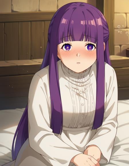 score_9, score_8_up, score_7_up, source_anime,fern, <lora:fern-s1-ponyxl-lora-nochekaiser:1>,fern, long hair, bangs, purple eyes, purple hair, sidelocks, blunt bangs, bright pupils, half updo,long sleeves, dress, white dress, long dress,indoors, bed, bed room, on side, blush, drunk,looking at viewer, cowboy shot, dutch angle,