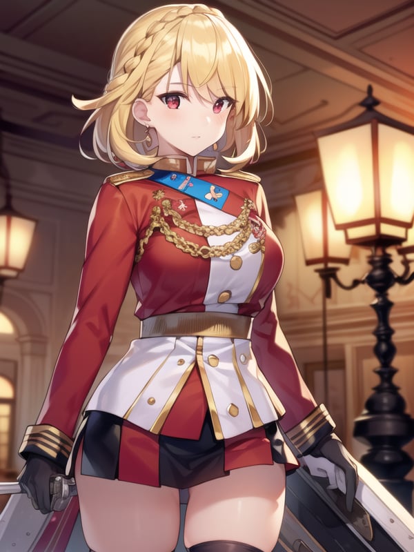 (hyper extreme detailed),(masterpeace),(hyper extreme),(photorealistic),CG,(colour:1.4), beautiful lighting,light from the front, solo,   <lora:Prince_of_Wales:0.8>,Prince_of_Wales,blonde hair,braided bangs,short hair,red eyes,red outfit,miniskirt,thigh_boots,