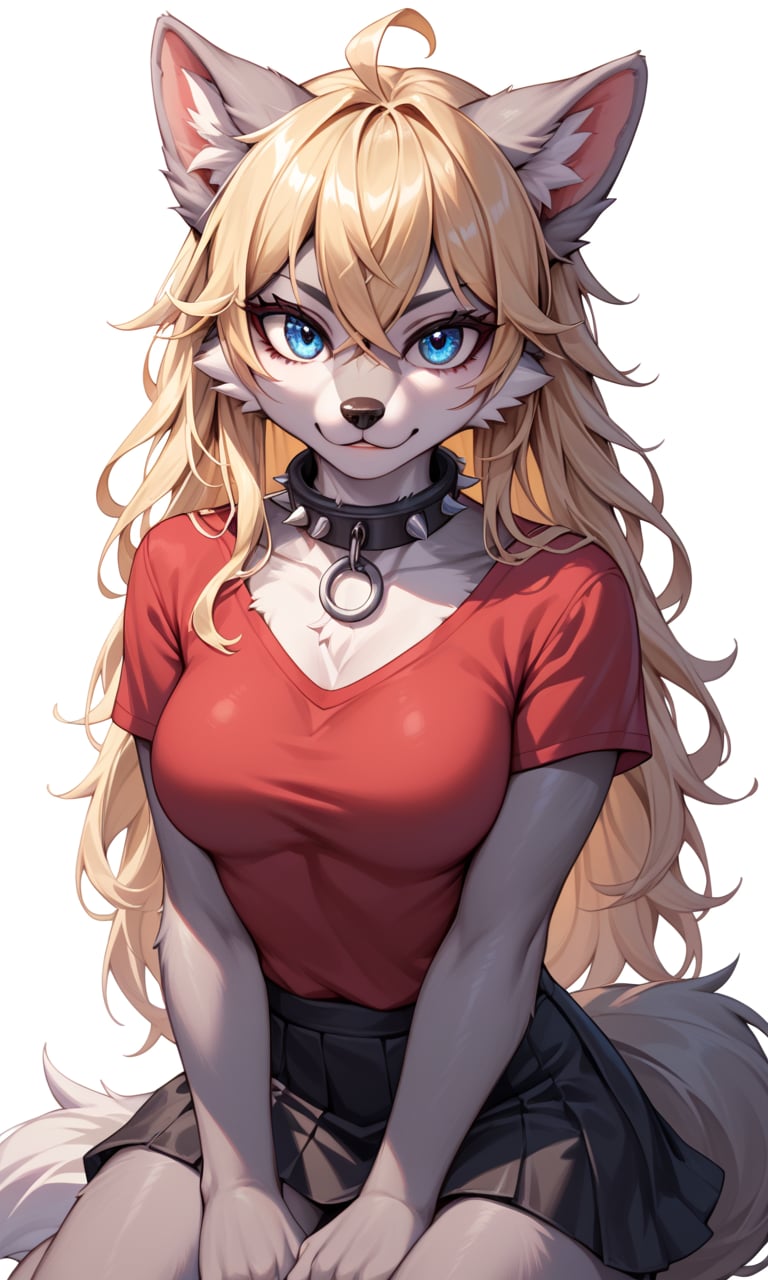 score_9, score_8_up, score_7_up, score_6_up, score_5_up, score_4_up, source_furry,BREAK,detailed face eyes and fur, wolf furry girl,blonde,long hair,looking at viewer,crossed bangs,blue eyes,high detail eyes, (red shirt)1.2,black skirt,(high detail grey fur)1.2,punk collar, fur paws, white background