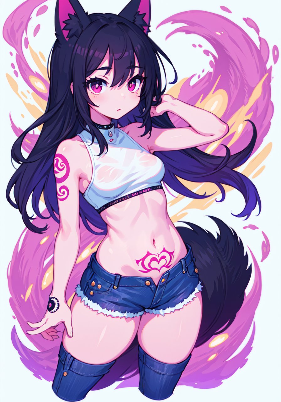 art by (slugbox:1.1), 1girl, full-body view, (small breasts:1.5), wide hips, thick thighs, punk bad girl, fox ears, official art,vivid color,finely detailed,hyper detailed, 8k ,high resolution illustration,Masterpiece,best quality,intricate_detail, (muscular legs:0.5), denim shorts, tattoos, crop top,<lora:nijiStyle:0.4>