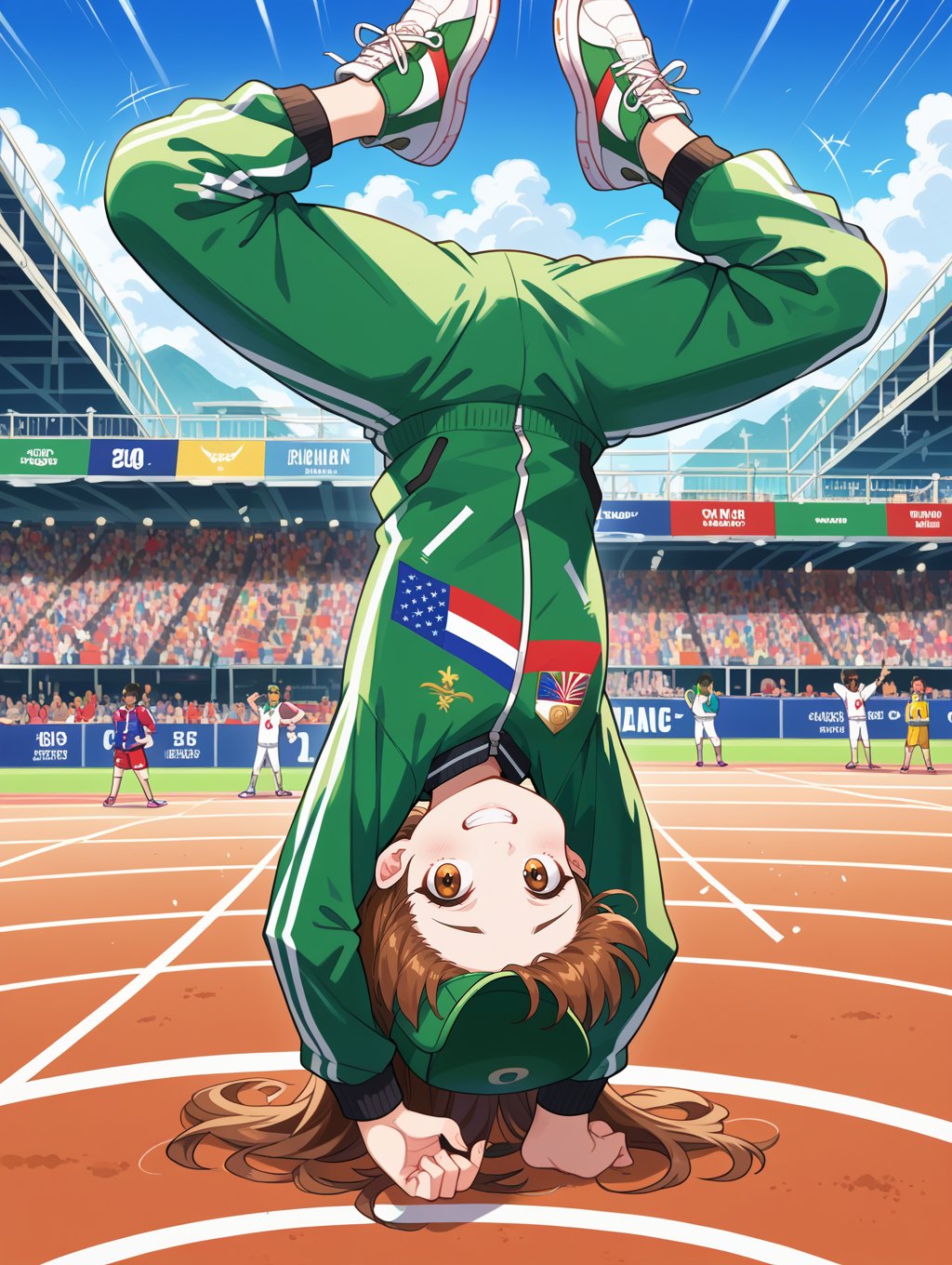 score_9, score_8_up, score_7_up,source_anime, bdancepxl, doing a handstand, one-handed, breakdance pose, motion, spread legs, looking at viewer, upside down, shirt falling down, comic book, best quality, masterpiece, sneakers, motion lines, smile, gesture, cool outfit, green and gold tracksuit, Olympics, green cap, brown hair, pale skin, Australian flag