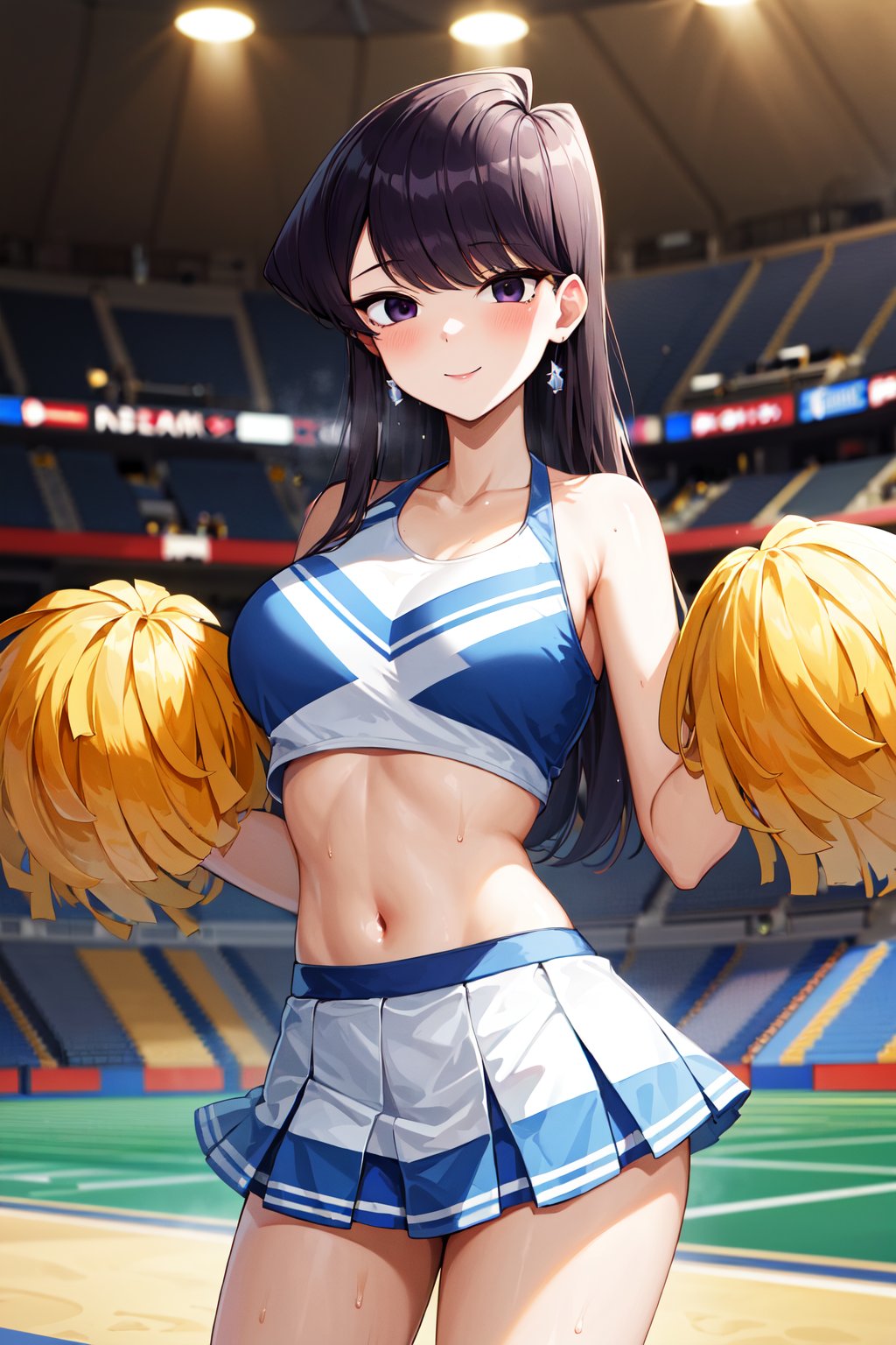 masterpiece, best quality, highres, aashouko, long hair, breasts, <lora:komi_shouko_v1:0.7>, cheerleader, pom pom \(cheerleading\), sweat, miniskirt, stadium, smile, cowboy shot,