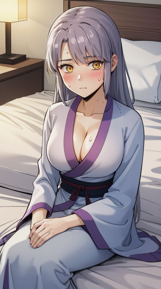 (masterpiece, best quality),ray tracing,absurdres,HDR,Zhao Haitang, 1girl, solo, yellow eyes, closed mouth, sitting, pillow, blush, long hair, cleavage, sweat, grey hair, medium breasts, chinese clothes, bed, indoors, on bed, blanket, tissue box,looking at viewer<lora:Zhao Haitang:0.8>