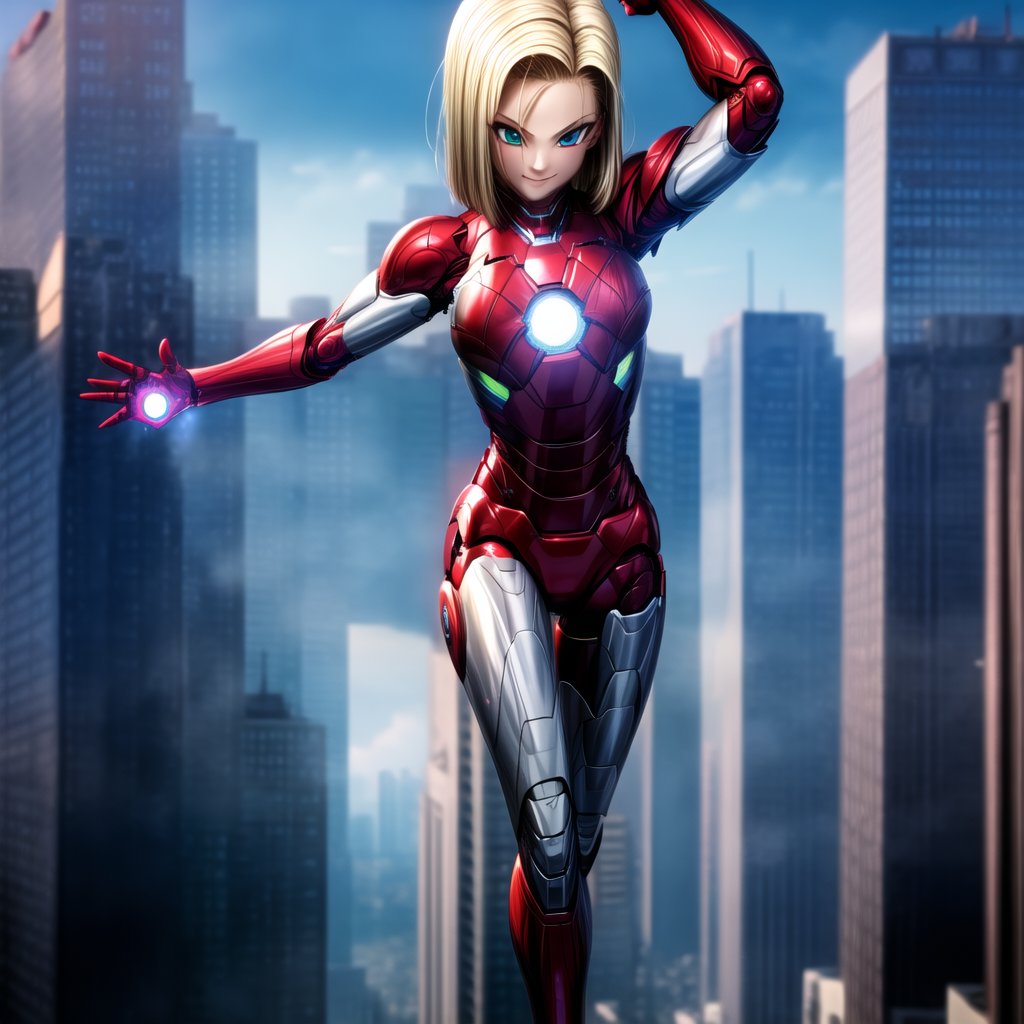 masterpiece, best quality, highres, solo, 1girl, light smile, medium breasts, pauldrons ,<lora:more_details:1>,Urban, Cityscape, Skyscrapers, Electric, Lightning, Futuristic, Technological, Power,  iron man, <lora:iron_man:0.7>, <lora:Fate UBW Style v1-offset:1>,<lora:Android18DB:0.8>,(android18db:1.3)