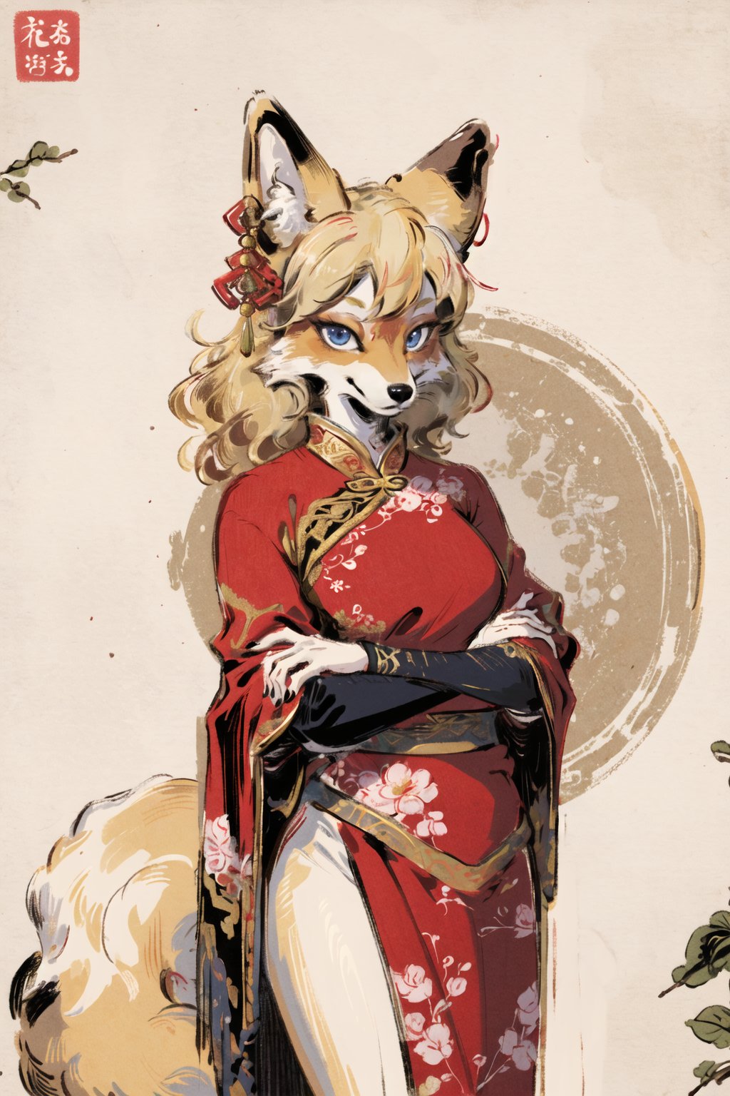 masterpiece,highres,furry fox girl,solo,blonde,chinese dress, hair ornament, anicent chinalooking at viewer, 