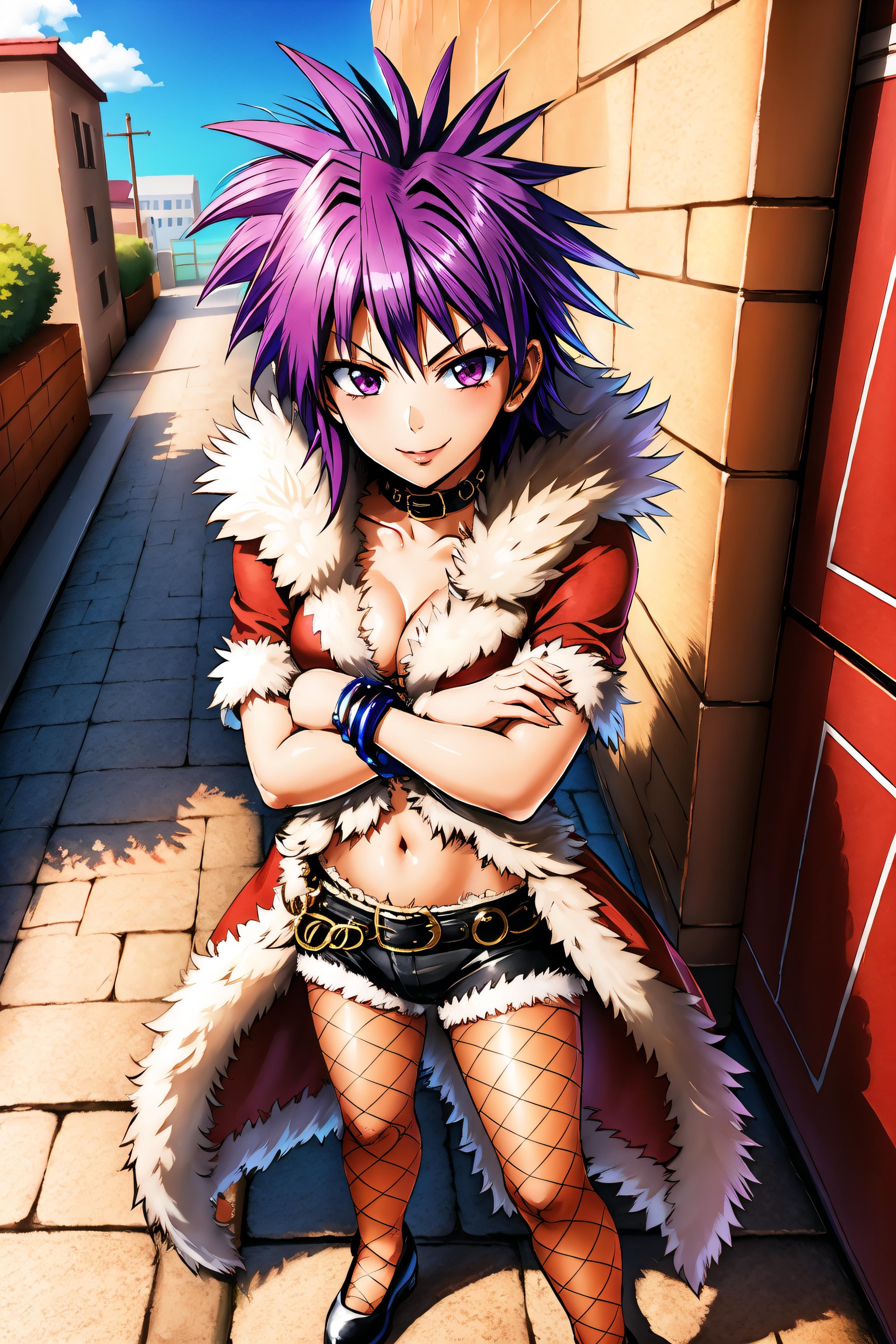 <lora:rogueRoV1.7-000005:0.96>, rogueRO, fishnet legwear, red fur coat, shoes, midriff, collar, black shorts, bangle, armlet, navel, spiked hair, purple hair, orange eye,1girl,smirk, smug, lipstick,  parted lips,looking at viewer, full body, crossed arm pose, standing,outdoor, blue sky, alleyway, stone floor, graffiti, graffiti art on an alley wall,