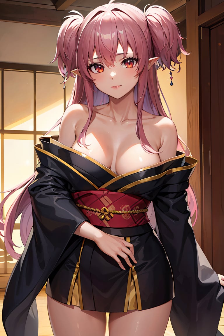 masterpiece, best quality, highres, ultra-detailed, glistening shiny, glowing light, ray tracing, HDR, deph of field, (perfect face, detailed face), <lora:Twiska:0.8>, twiska, long hair, two side up, pointy ears, medium breasts, kimono, off shoulders, collarbone, bare legs