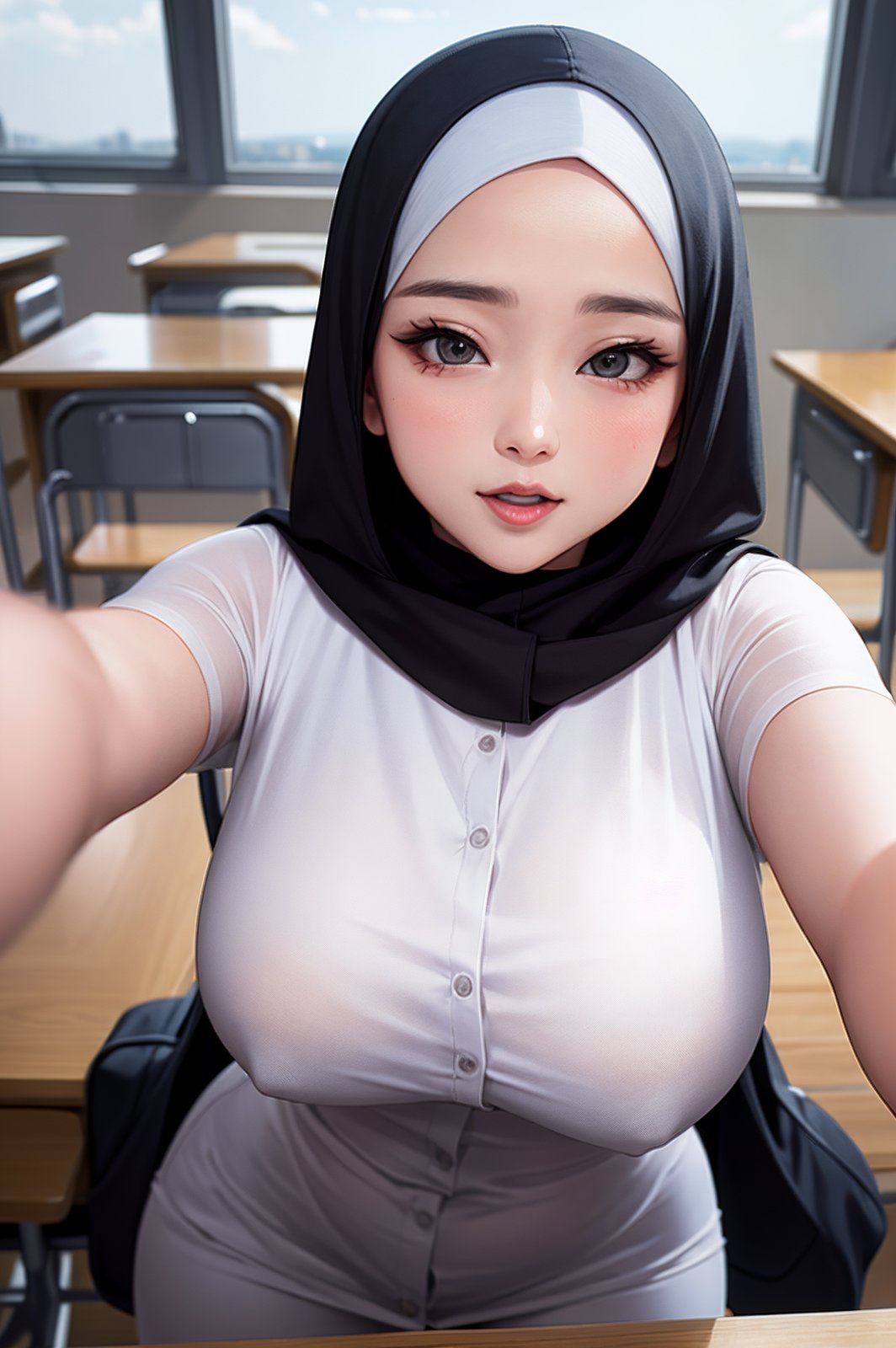 1girl, hijab, hijabergo, closeup,  in classroom, big ass, natural breast, beautiful face,  <lora:hijabergo:1>