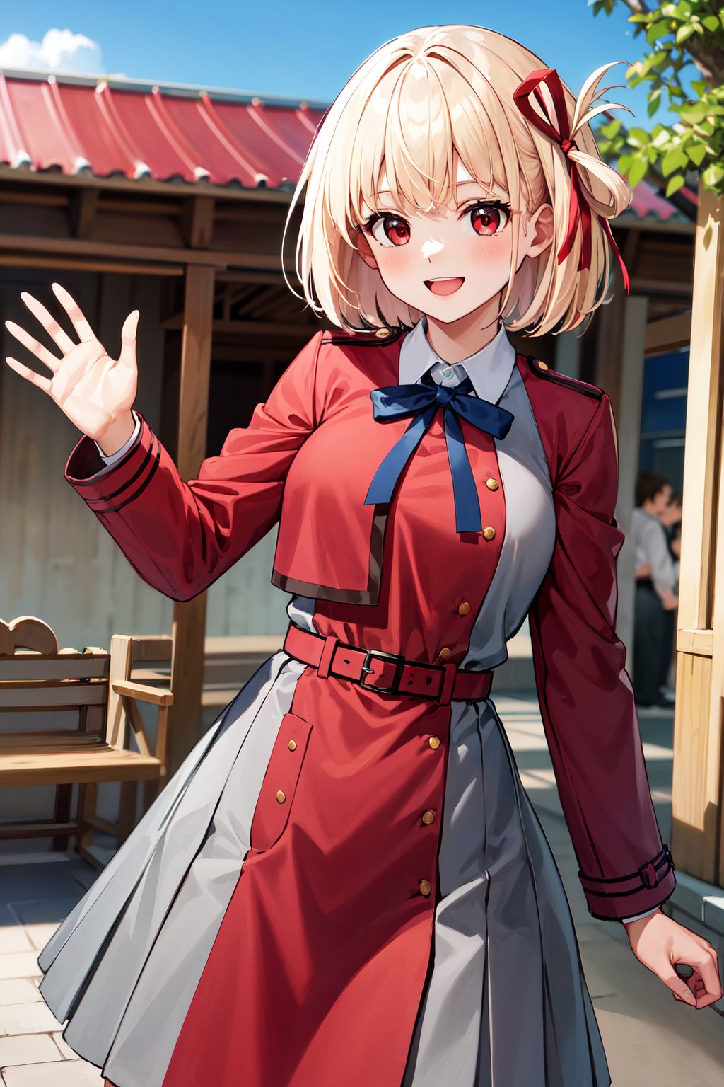 masterpiece, best quality, highres, aachisato, short hair, hair ribbon, breasts, neck ribbon, collared shirt, lycoris uniform, two-tone dress, red dress, grey dress, long sleeves, red belt, <lora:nishikigi_chisato_v1:0.7>, waving, smile, amusement park, standing