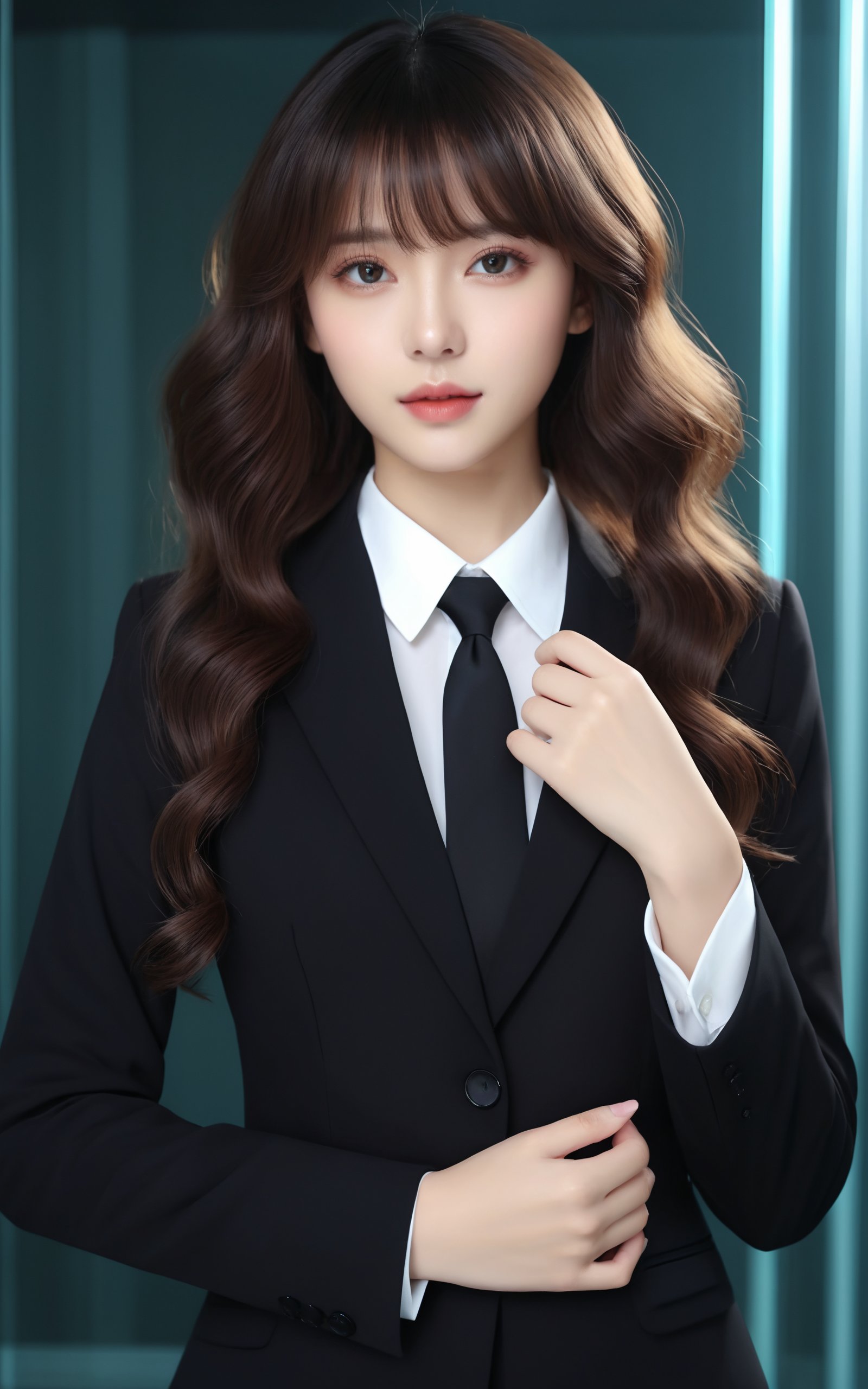 Black business suit,glass decorative background,sharp,Soft light,high light,1girl,(long hair),(curly hair),(bangs:1.2),high res,4k masterpiece,high quality,good hands,anatomical hands,prefect hands,