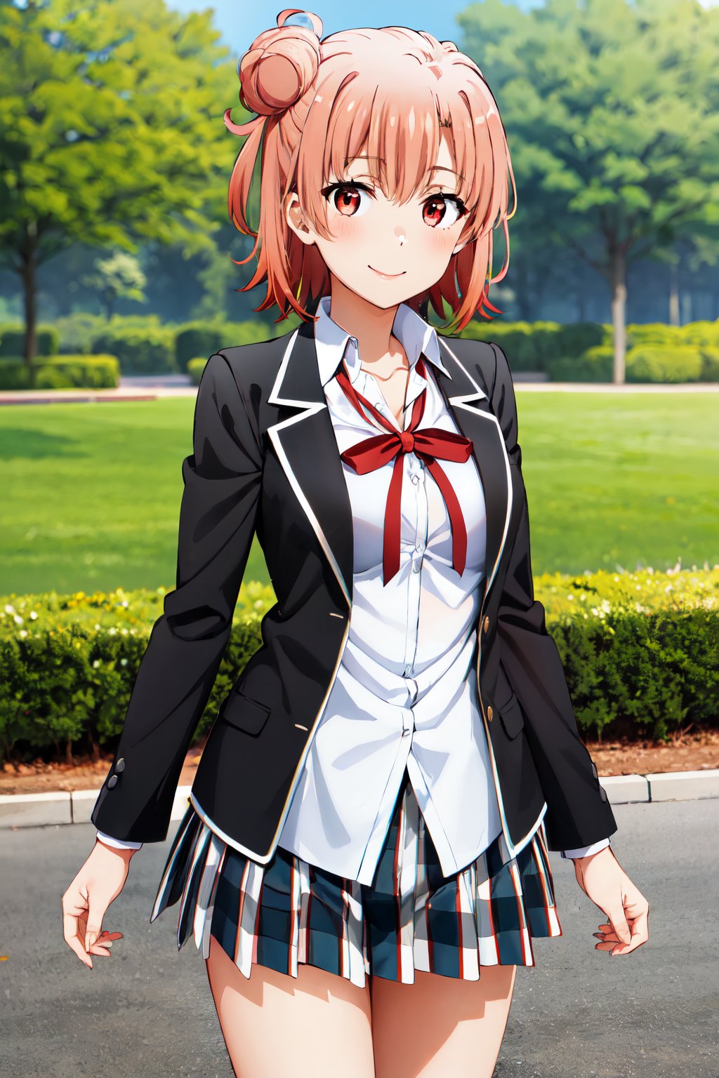 masterpiece, best quality, highres, aayui, short hair, single hair bun, red eyes, breasts, collarbone, neck ribbon, white shirt, dress shirt, blazer, black jacket, open jacket, long sleeves, plaid skirt, <lora:yuigahama_yui_v1:0.7>, standing, cowboy shot, outdoors, smile