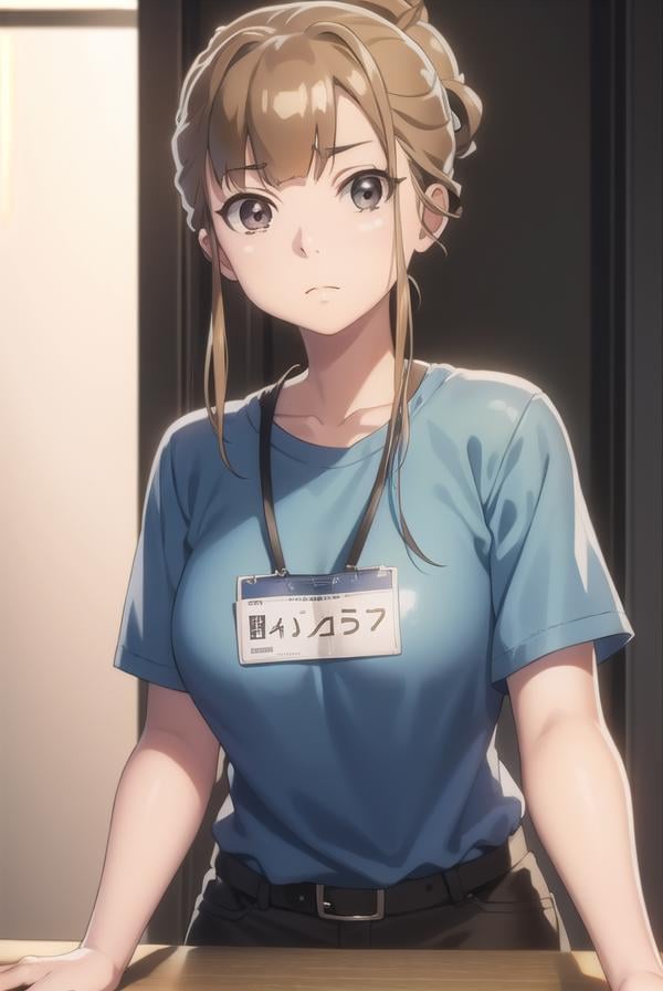 hinatamiyake, <lora:hinata miyake s1-lora-nochekaiser:1>,hinata miyake, short hair, brown hair, (brown eyes:1.5),BREAK shirt, short sleeves, uniform, blue shirt, name tag, id card, employee uniform,BREAK indoors,BREAK looking at viewer,BREAK <lyco:GoodHands-beta2:1>, (masterpiece:1.2), best quality, high resolution, unity 8k wallpaper, (illustration:0.8), (beautiful detailed eyes:1.6), extremely detailed face, perfect lighting, extremely detailed CG, (perfect hands, perfect anatomy),