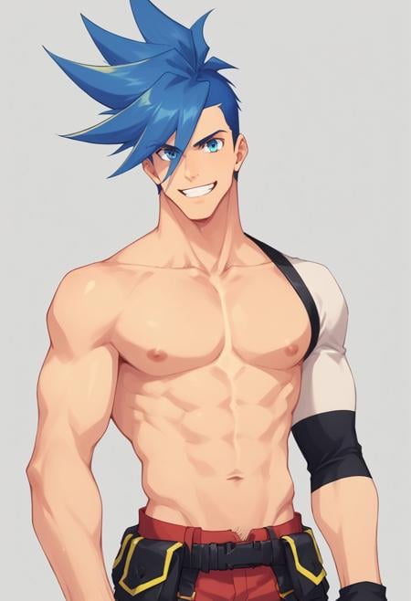 score_9, score_8_up, score_7_up, source_anime, highly detailed, galo,  1boy, male focus, topless male, spiked hair, blue hair, blue eyes, gloves, smile, pants, red pants, belt, black gloves, pectorals, grin, simple background, upper body, single sleeve, detached sleeve,