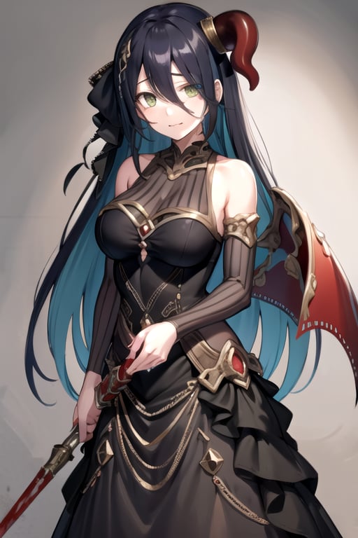 <lora:Ranpha-06:0.7> , RANPHA, 1girl, solo, long hair, looking at viewer, black hair, hair ornament, long sleeves, dress, holding, hair between eyes, bare shoulders, large breasts, very long hair, green eyes, blue hair, standing, weapon, detached sleeves, wings, horns, sleeveless, nail polish, black dress, blood, sleeveless dress, gem, single horn, finger to mouth, colored inner hair, black sleeves