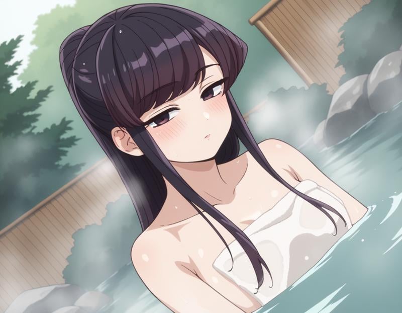 score_9, score_8_up, score_7_up, source_anime,shoukokomi, <lora:shouko-komi-s1s2-ponyxl-lora-nochekaiser:1>,shouko komi, long hair, bangs, black hair, black eyes, half-closed eyes,nude, naked, outdoors, onsen, towel, naked towel, steam, bathing, nude cover, partially submerged, water, bath, steam censor, wet towel, blush,looking at viewer, cowboy shot, dutch angle, solo,