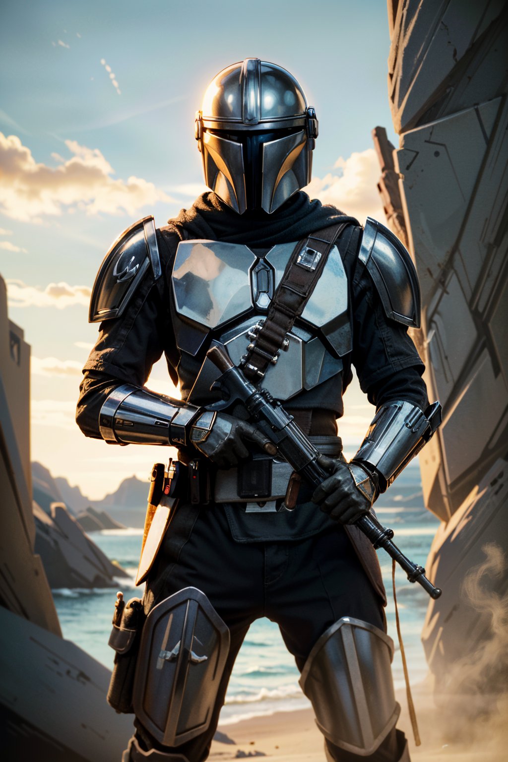 ((ultra detailed, masterpiece, absurdres)) <lora:StarWMandalorian:0.9>StarWMandalorian, 1boy, no face, helmet, gloves, holding rifle, rifle, planet, science fiction