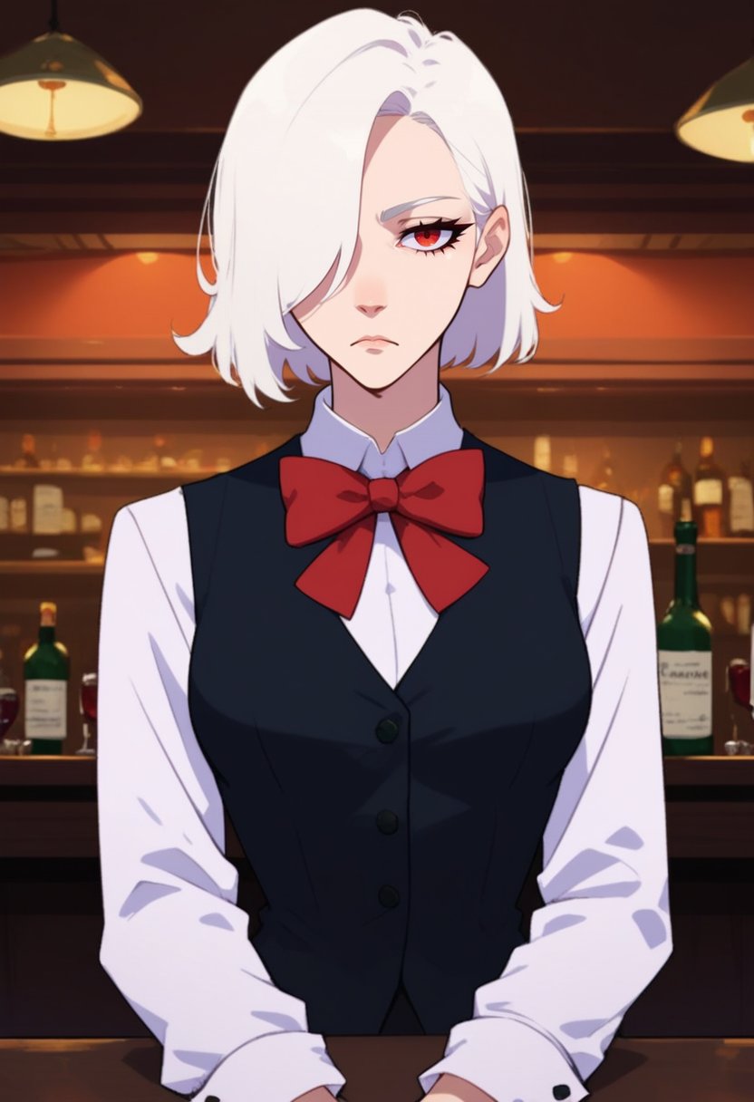 score_8_up, bartender,black vest,long sleeves,medium breasts,jewelry,red bow tie,white hair,hair over eye,stiff posture,arms by side, expressionless, red eyes, looking at viewer, indoors<lora:NoctFlatStyleV3:0.75>