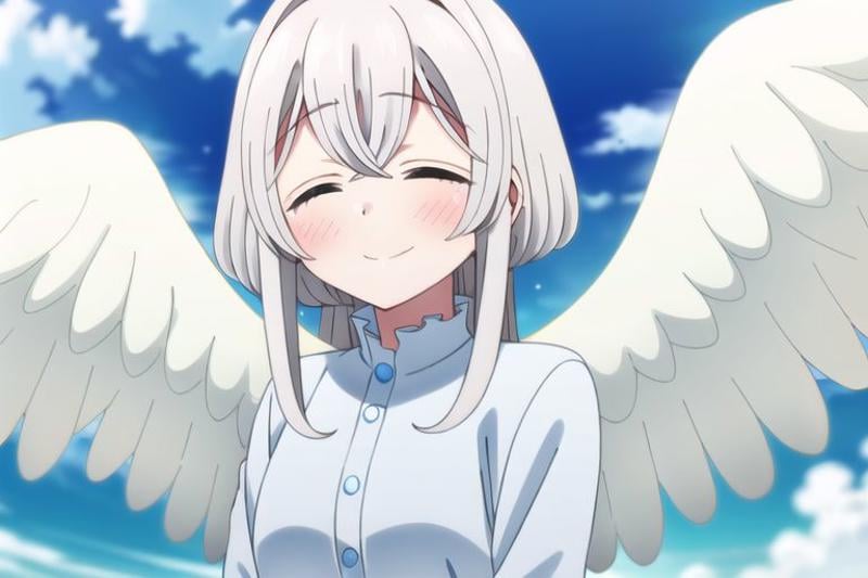 (masterpiece), towa, long hair, blue eyes, white hair, 1girl, solo, closed eyes, wings, smile, sky, blush, cloud, angel wings, feathered wings, white wings, shirt, blue sky, upper body