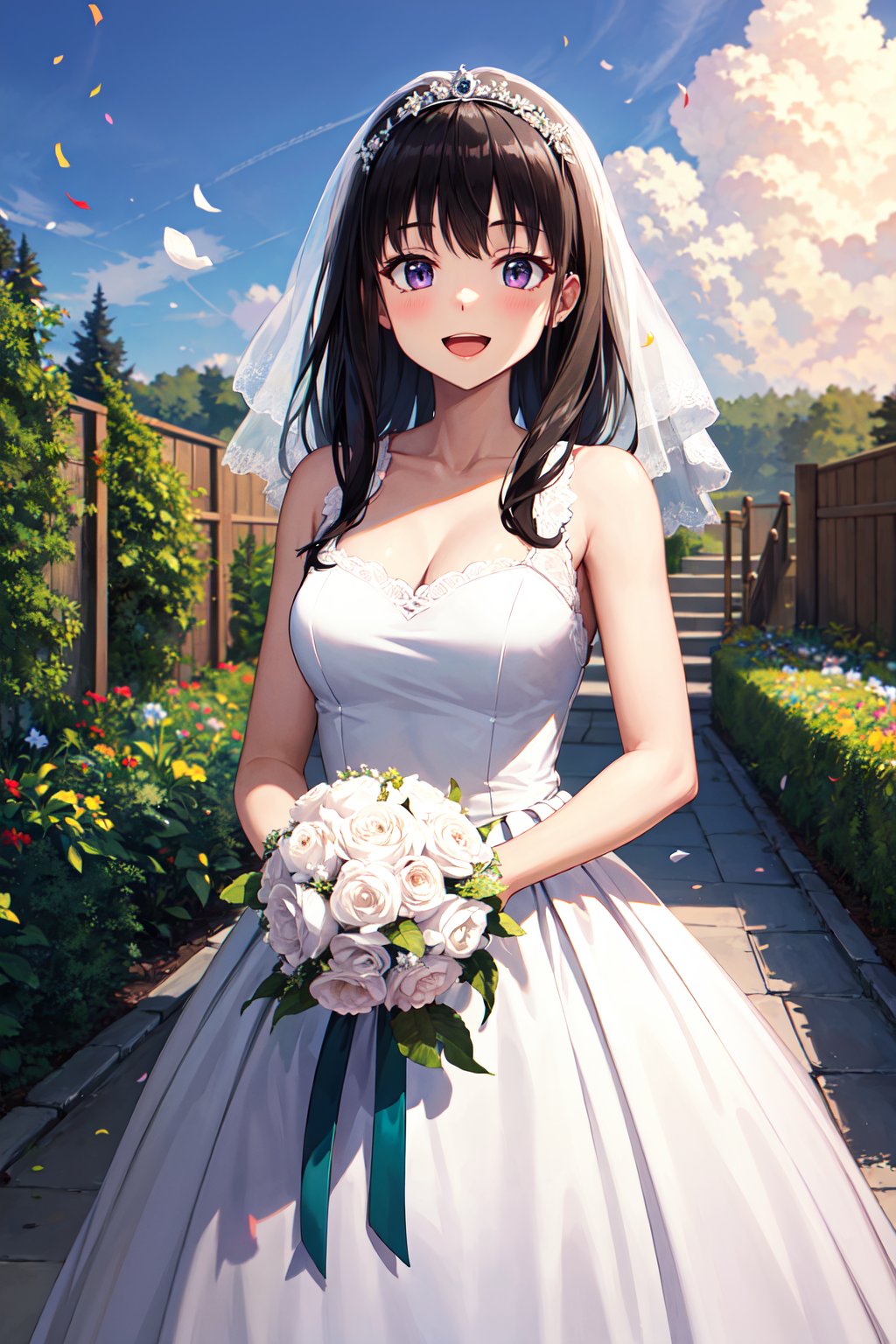 masterpiece, best quality, highres, aatakina, long hair, black hair, <lora:inoue_takina_v1:0.7>, wedding dress, garden, smile, open mouth, holding bouquet, standing, confetti, 