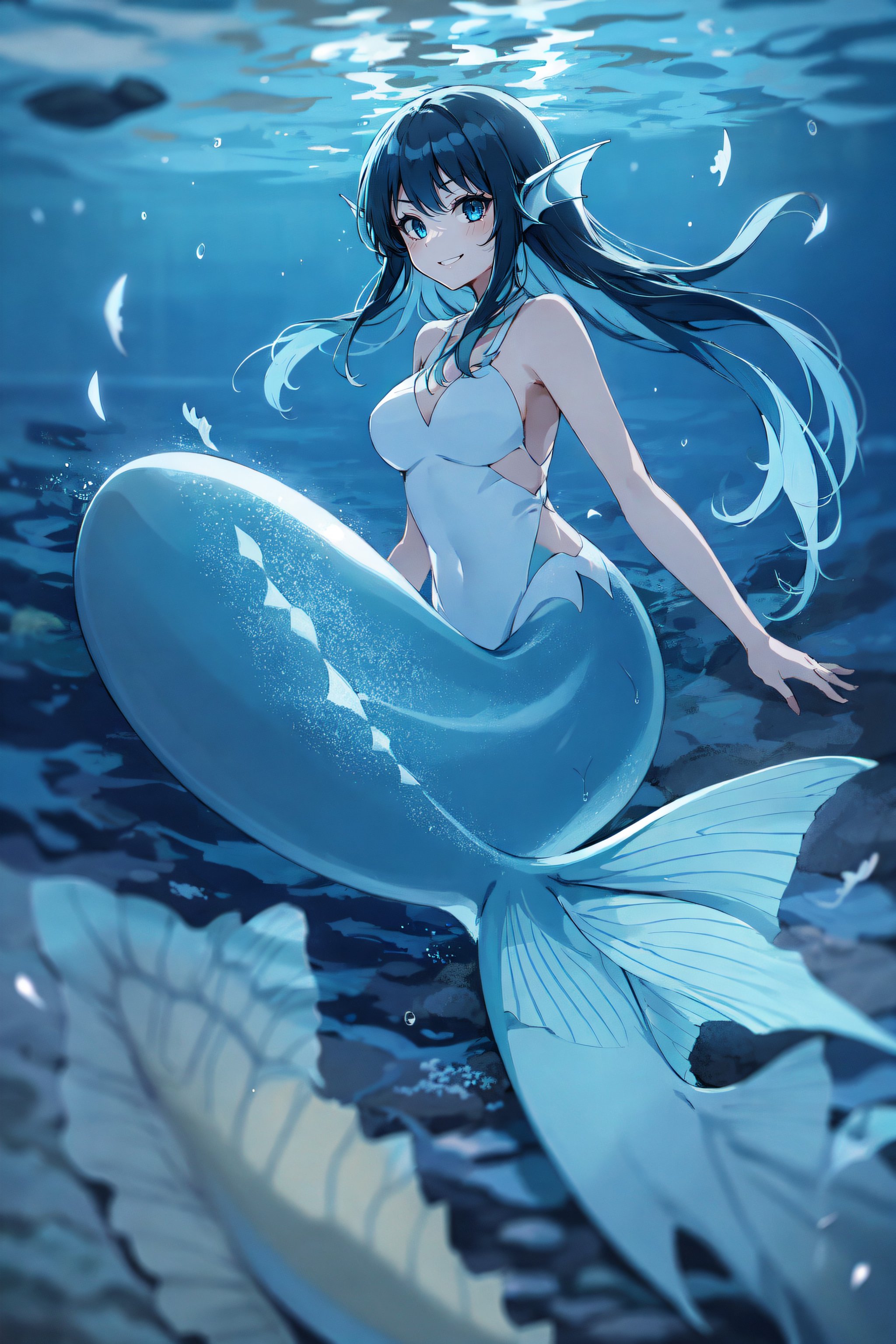 1girl, mermaid, fins, smile,  full body, Original Character, Volumetric Lighting, Best Shadows, Shallow Depth of Field, Stunningly Beautiful Girl, Delicate Beautiful Attractive Face