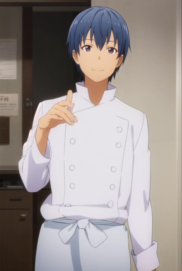 hiroomisouma, <lora:hiroomi souma s2-lora-nochekaiser:1>,hiroomi souma, (brown eyes:1.3), blue hair, male focus, smile,BREAK apron, buttons, waist apron, white pants, chef,BREAK indoors, restaurant,BREAK looking at viewer, (cowboy shot:1.5),BREAK <lyco:GoodHands-beta2:1>, (masterpiece:1.2), best quality, high resolution, unity 8k wallpaper, (illustration:0.8), (beautiful detailed eyes:1.6), extremely detailed face, perfect lighting, extremely detailed CG, (perfect hands, perfect anatomy),